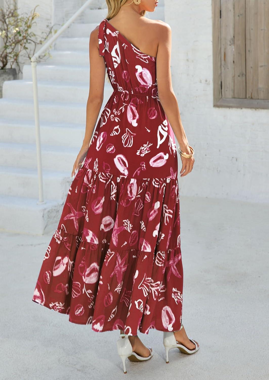 imagePRETTYGARDEN Womens Summer Floral One Shoulder Maxi Dress Knot Ruffle Boho Beach Vacation Wedding Guest Long Sun DressesWine Red Print