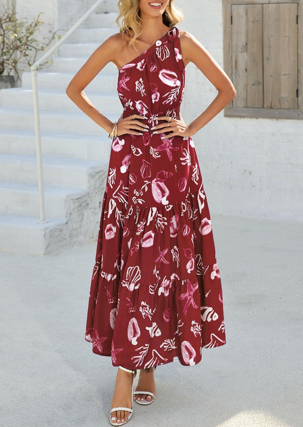 imagePRETTYGARDEN Womens Summer Floral One Shoulder Maxi Dress Knot Ruffle Boho Beach Vacation Wedding Guest Long Sun DressesWine Red Print