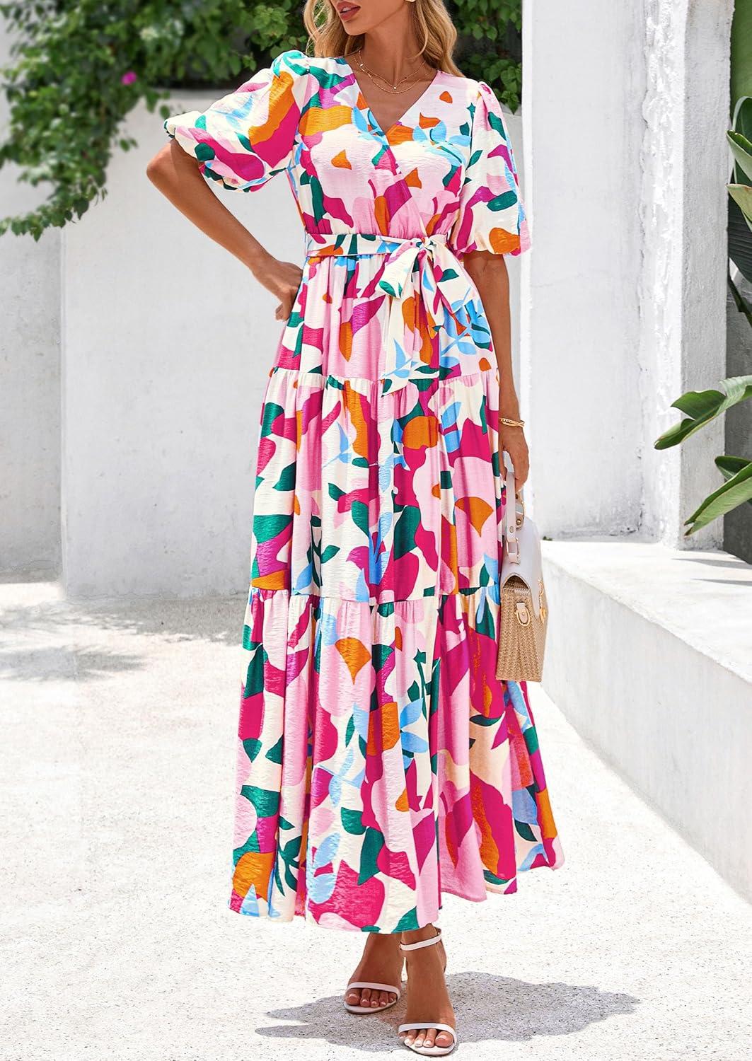imagePRETTYGARDEN Womens Summer Maxi Dress 2026 Resort Wear Boho Floral V Neck Puff Short Sleeve Ruffle Flowy Beach Long DressesApricot Rose Red Flower