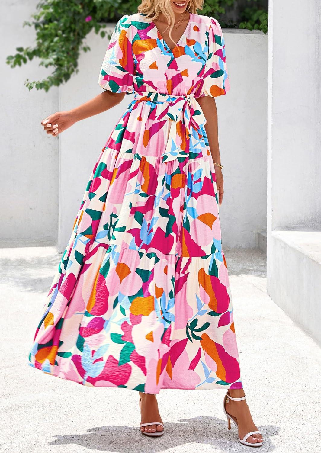 imagePRETTYGARDEN Womens Summer Maxi Dress 2026 Resort Wear Boho Floral V Neck Puff Short Sleeve Ruffle Flowy Beach Long DressesApricot Rose Red Flower