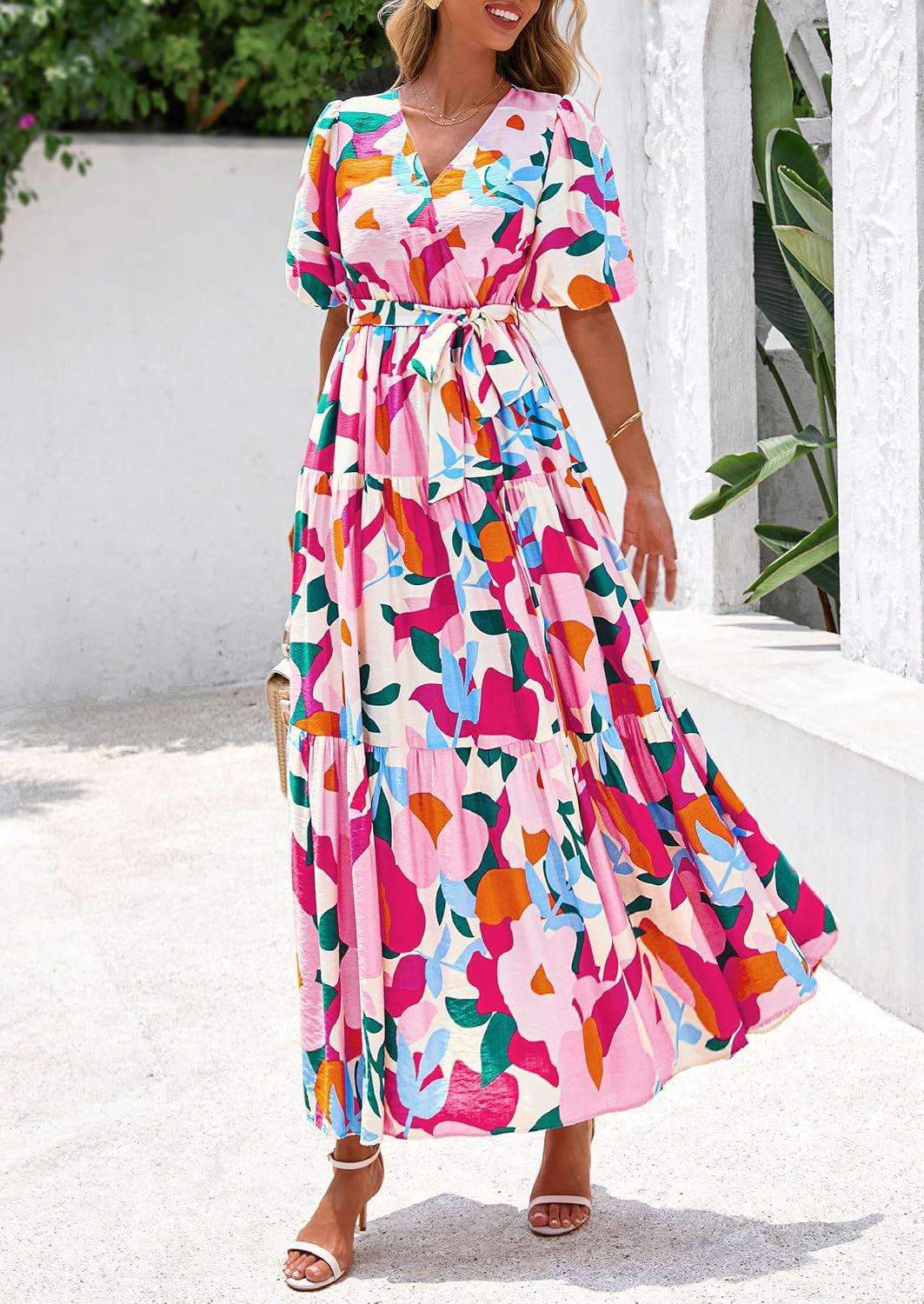 imagePRETTYGARDEN Womens Summer Maxi Dress 2026 Resort Wear Boho Floral V Neck Puff Short Sleeve Ruffle Flowy Beach Long DressesApricot Rose Red Flower