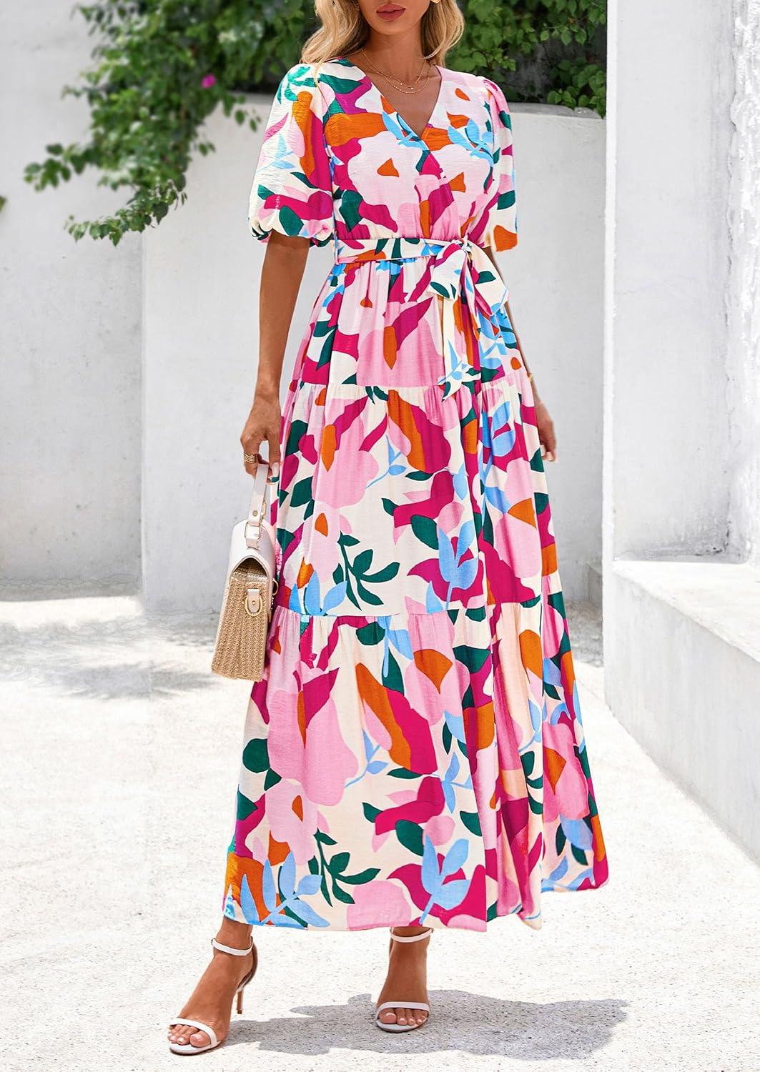 imagePRETTYGARDEN Womens Summer Maxi Dress 2026 Resort Wear Boho Floral V Neck Puff Short Sleeve Ruffle Flowy Beach Long DressesApricot Rose Red Flower
