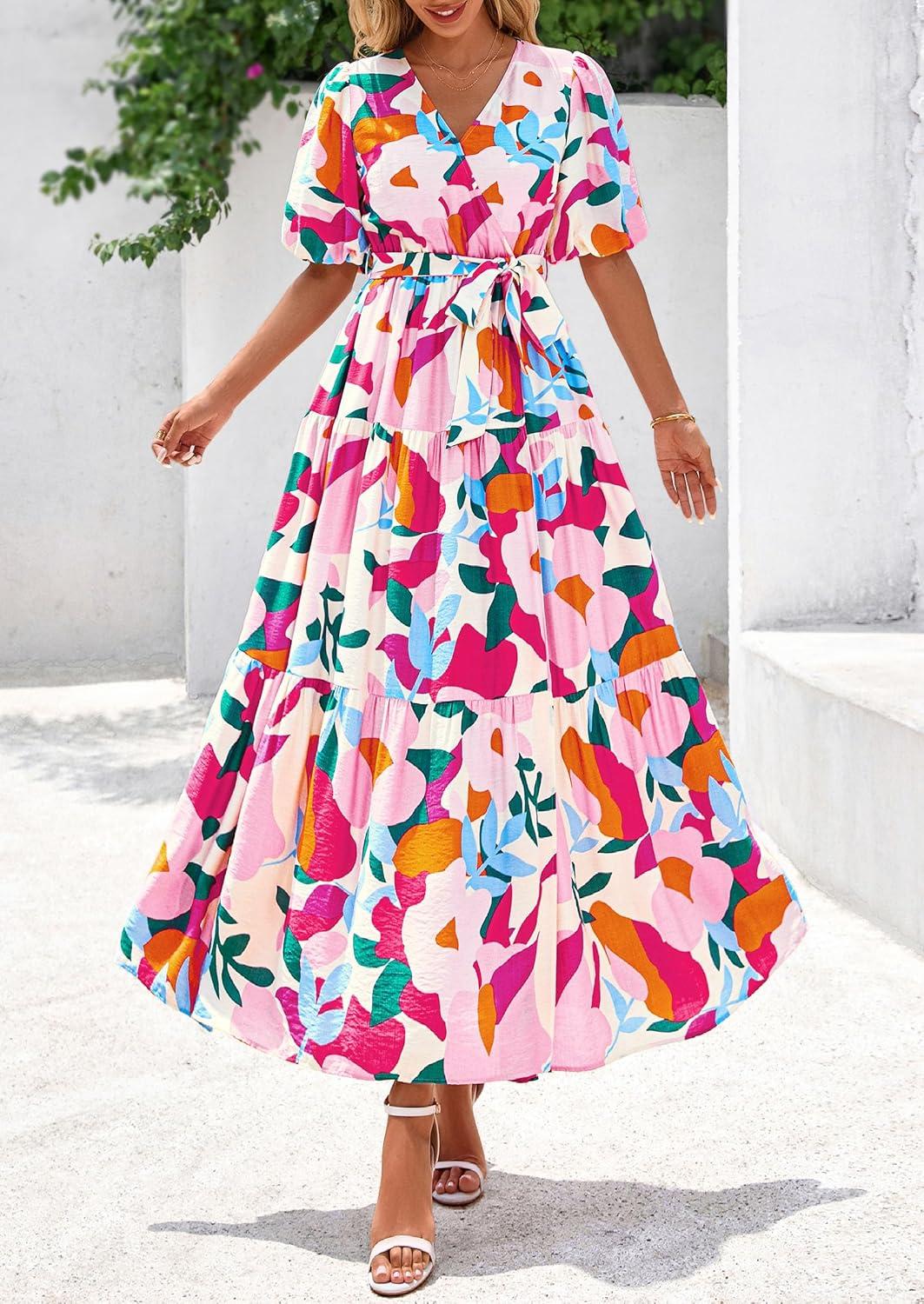 imagePRETTYGARDEN Womens Summer Maxi Dress 2026 Resort Wear Boho Floral V Neck Puff Short Sleeve Ruffle Flowy Beach Long DressesApricot Rose Red Flower