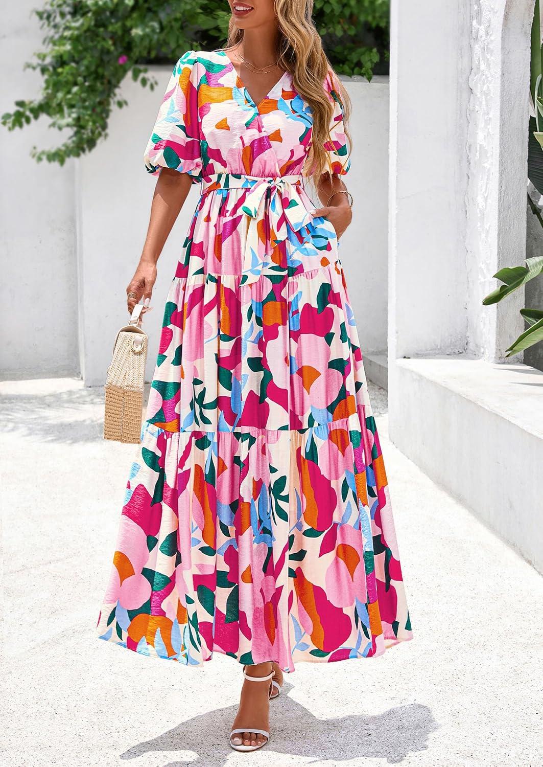 imagePRETTYGARDEN Womens Summer Maxi Dress 2026 Resort Wear Boho Floral V Neck Puff Short Sleeve Ruffle Flowy Beach Long DressesApricot Rose Red Flower