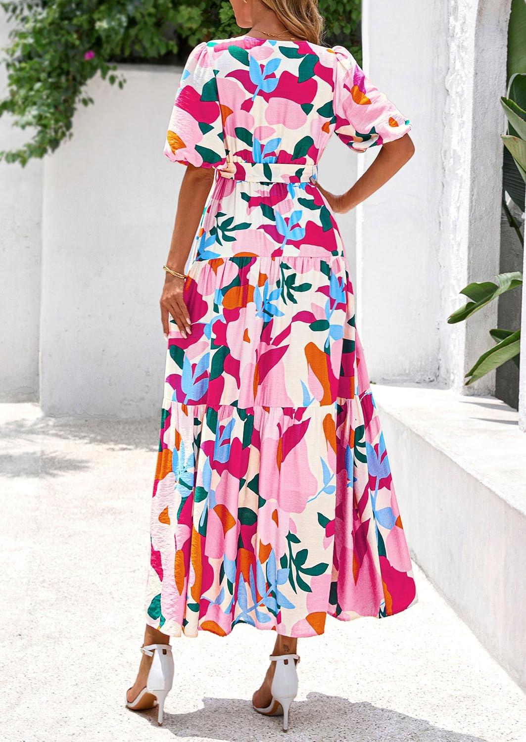 imagePRETTYGARDEN Womens Summer Maxi Dress 2026 Resort Wear Boho Floral V Neck Puff Short Sleeve Ruffle Flowy Beach Long DressesApricot Rose Red Flower
