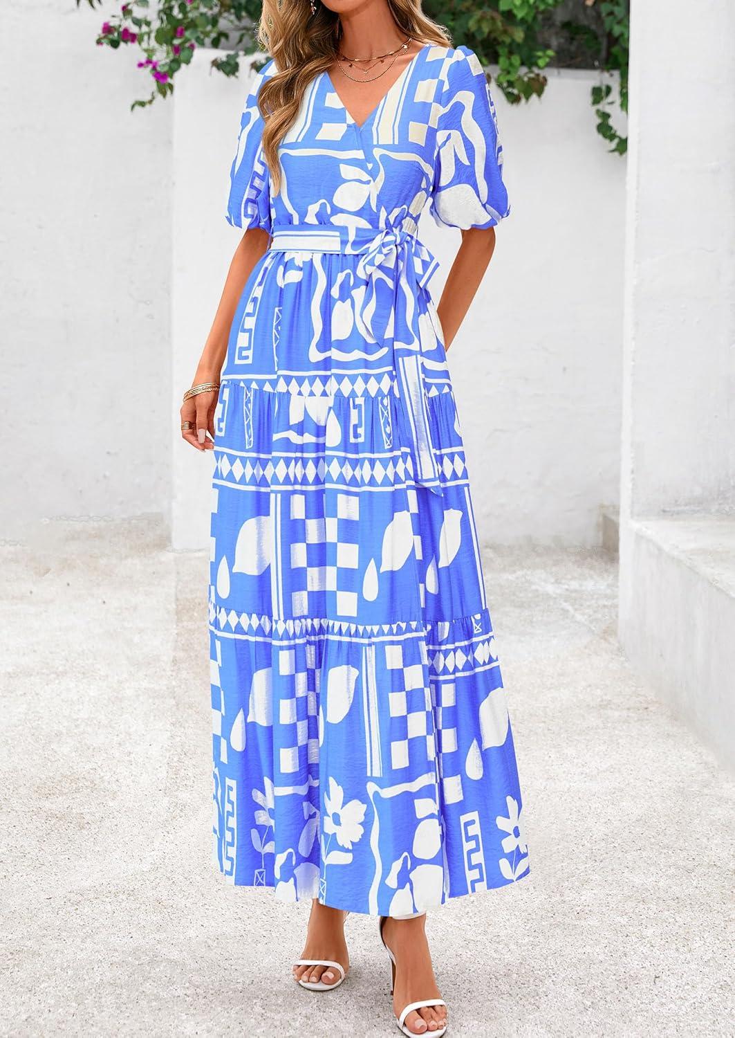 imagePRETTYGARDEN Womens Summer Maxi Dress 2026 Resort Wear Boho Floral V Neck Puff Short Sleeve Ruffle Flowy Beach Long DressesBlue Flower