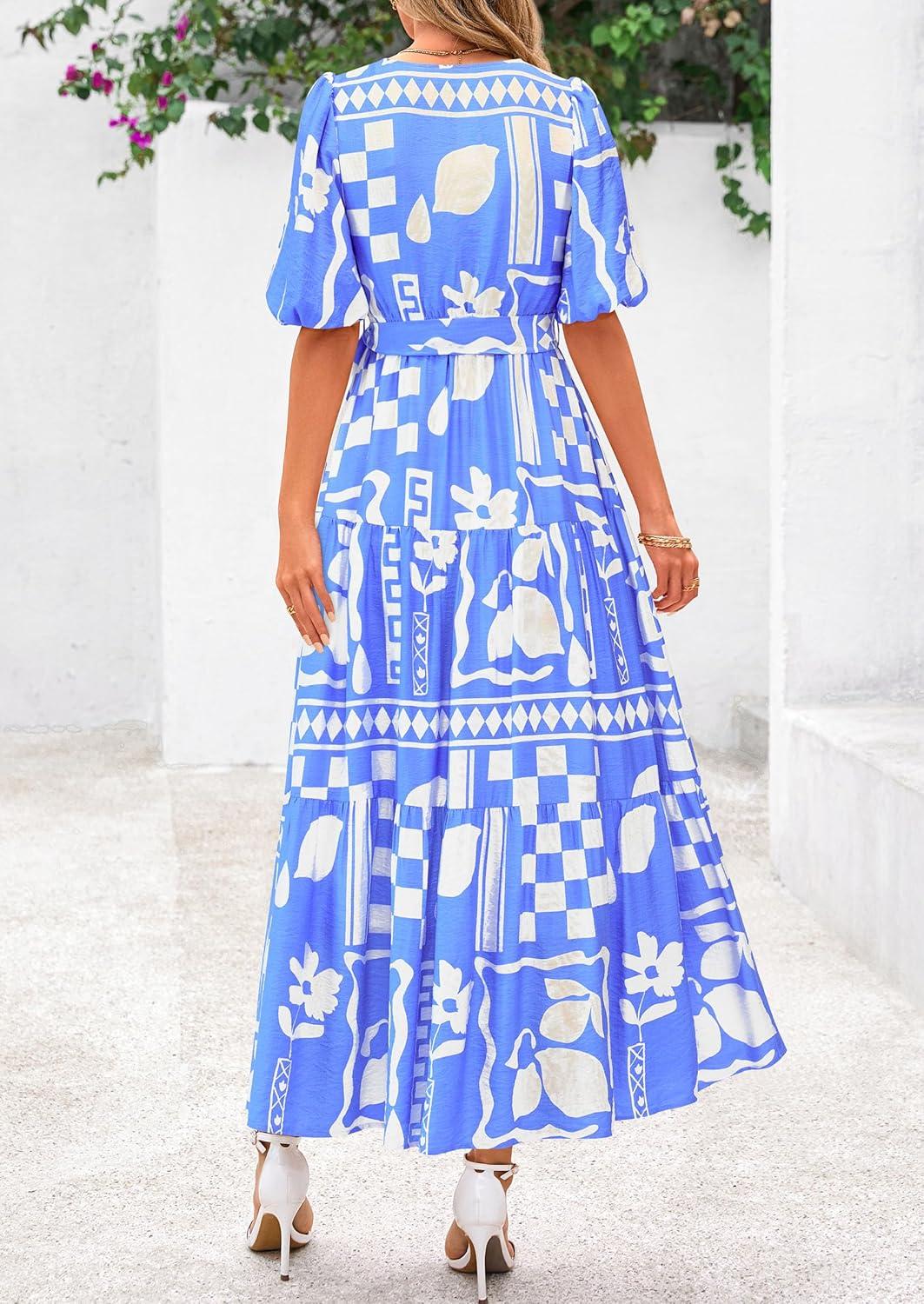 imagePRETTYGARDEN Womens Summer Maxi Dress 2026 Resort Wear Boho Floral V Neck Puff Short Sleeve Ruffle Flowy Beach Long DressesBlue Flower