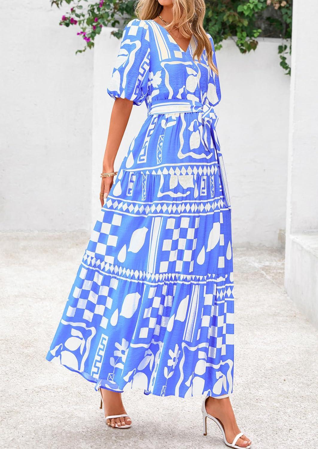 imagePRETTYGARDEN Womens Summer Maxi Dress 2026 Resort Wear Boho Floral V Neck Puff Short Sleeve Ruffle Flowy Beach Long DressesBlue Flower