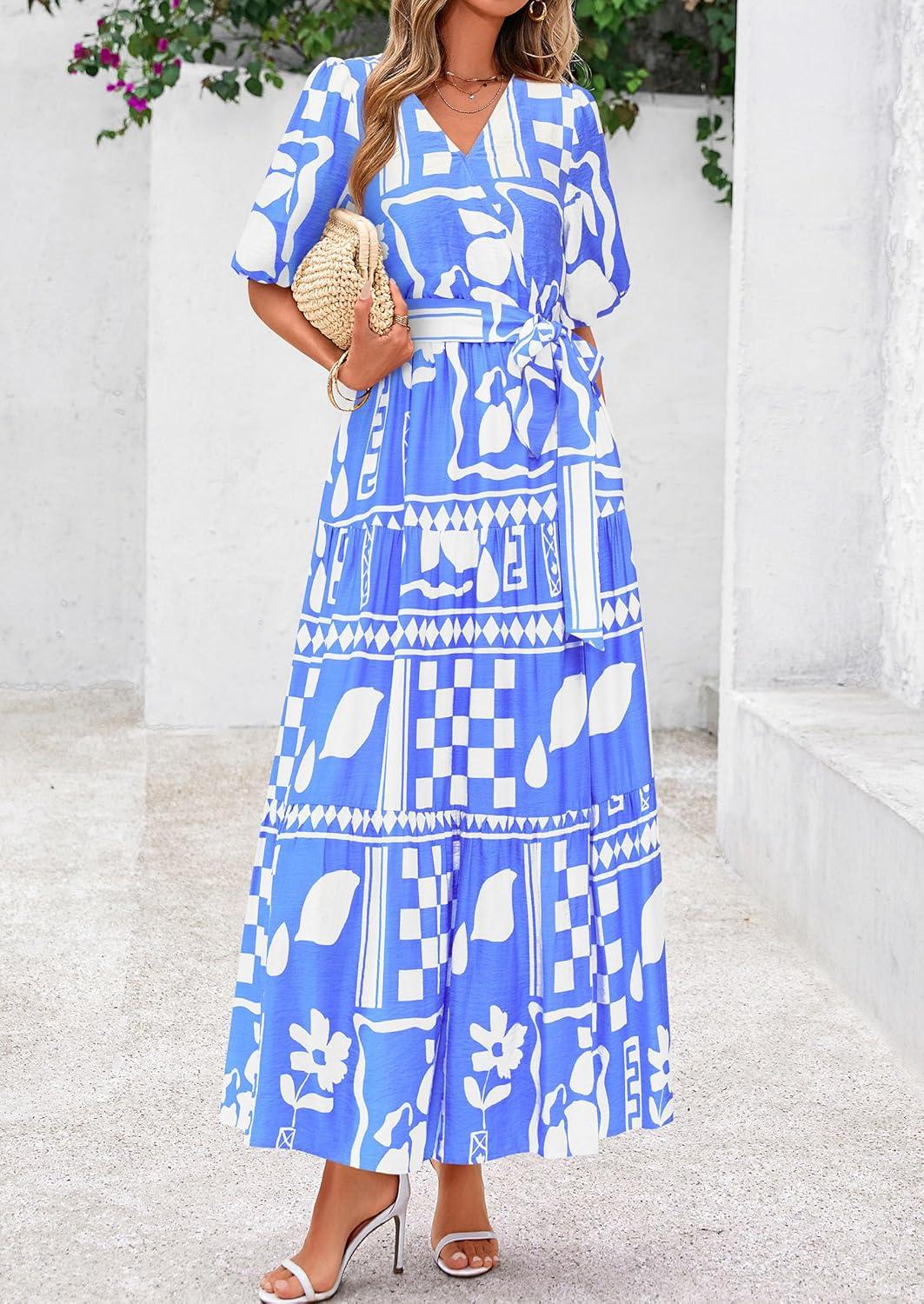 imagePRETTYGARDEN Womens Summer Maxi Dress 2026 Resort Wear Boho Floral V Neck Puff Short Sleeve Ruffle Flowy Beach Long DressesBlue Flower