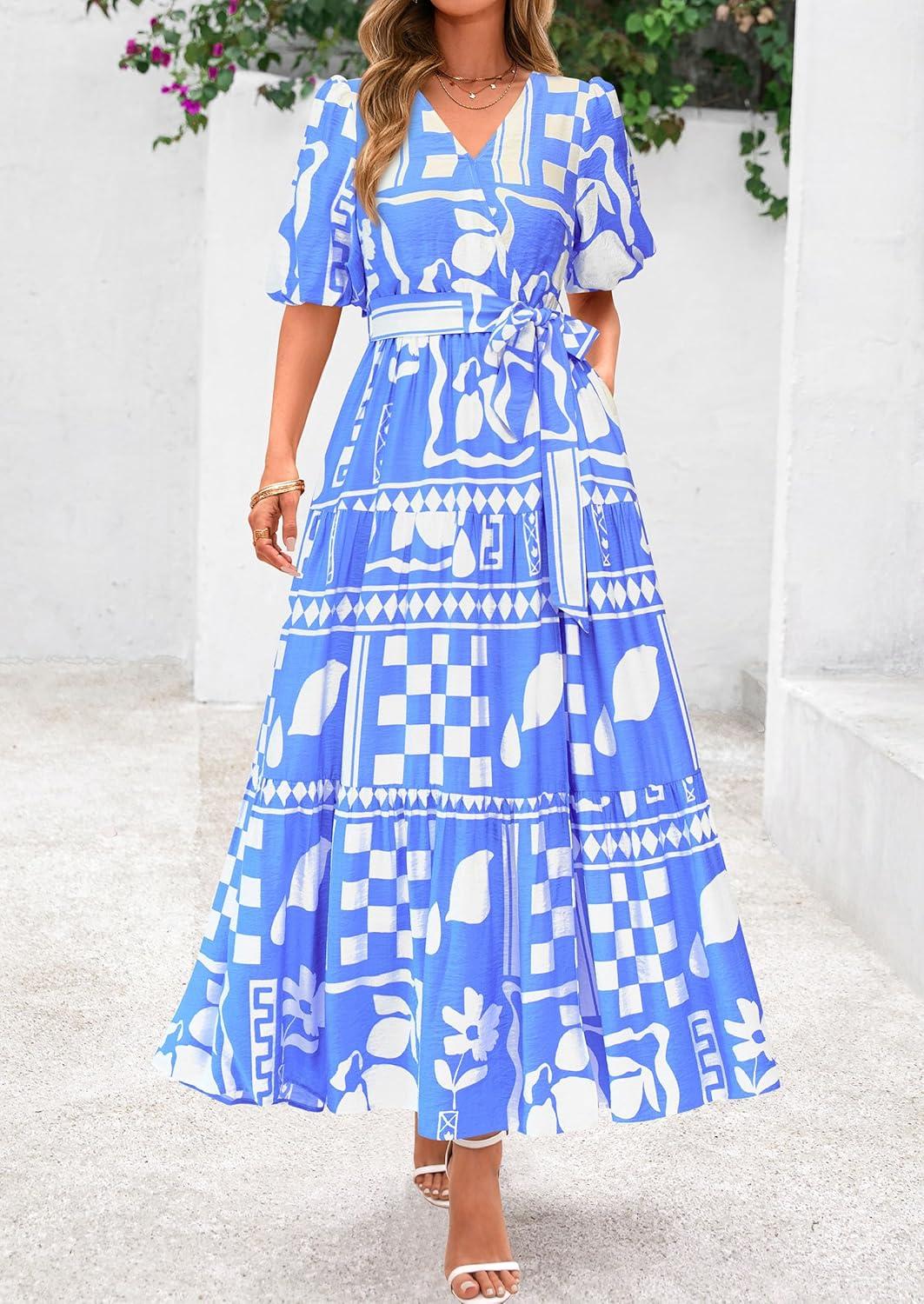 imagePRETTYGARDEN Womens Summer Maxi Dress 2026 Resort Wear Boho Floral V Neck Puff Short Sleeve Ruffle Flowy Beach Long DressesBlue Flower
