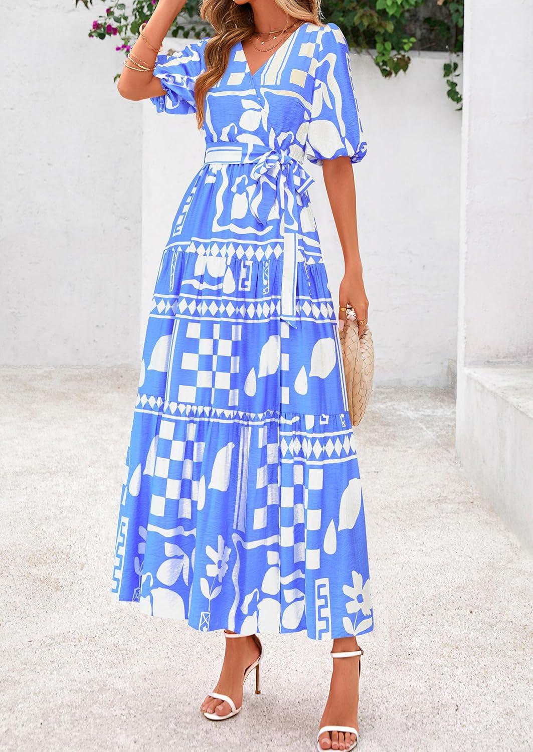 imagePRETTYGARDEN Womens Summer Maxi Dress 2026 Resort Wear Boho Floral V Neck Puff Short Sleeve Ruffle Flowy Beach Long DressesBlue Flower