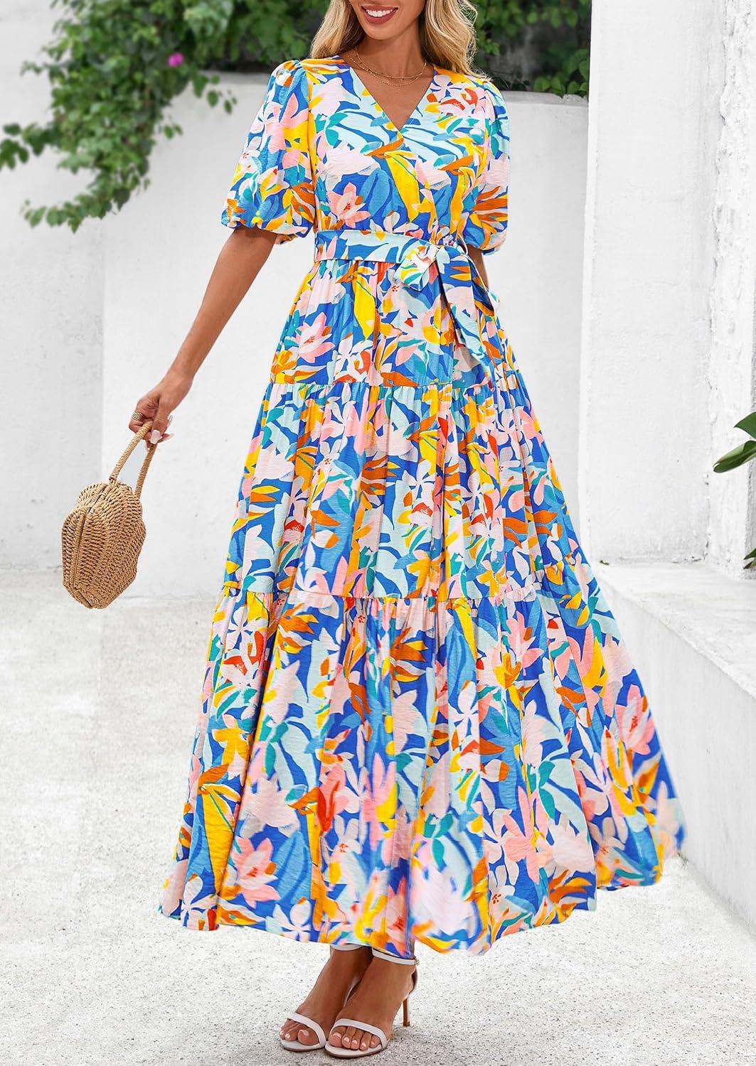 imagePRETTYGARDEN Womens Summer Maxi Dress 2026 Resort Wear Boho Floral V Neck Puff Short Sleeve Ruffle Flowy Beach Long DressesBlue Yellow Flower