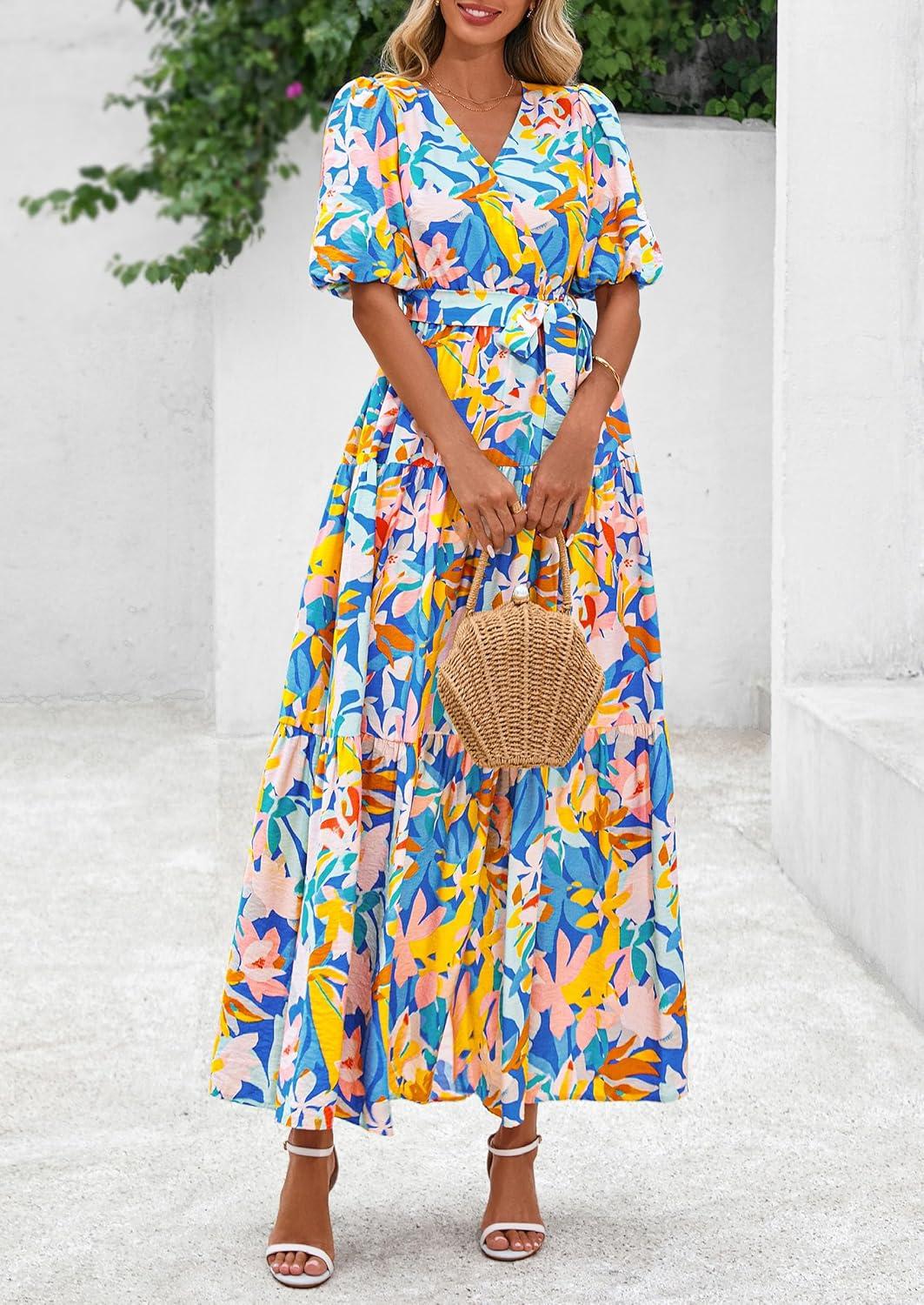 imagePRETTYGARDEN Womens Summer Maxi Dress 2026 Resort Wear Boho Floral V Neck Puff Short Sleeve Ruffle Flowy Beach Long DressesBlue Yellow Flower