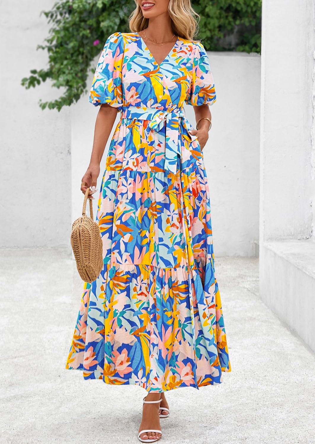 imagePRETTYGARDEN Womens Summer Maxi Dress 2026 Resort Wear Boho Floral V Neck Puff Short Sleeve Ruffle Flowy Beach Long DressesBlue Yellow Flower