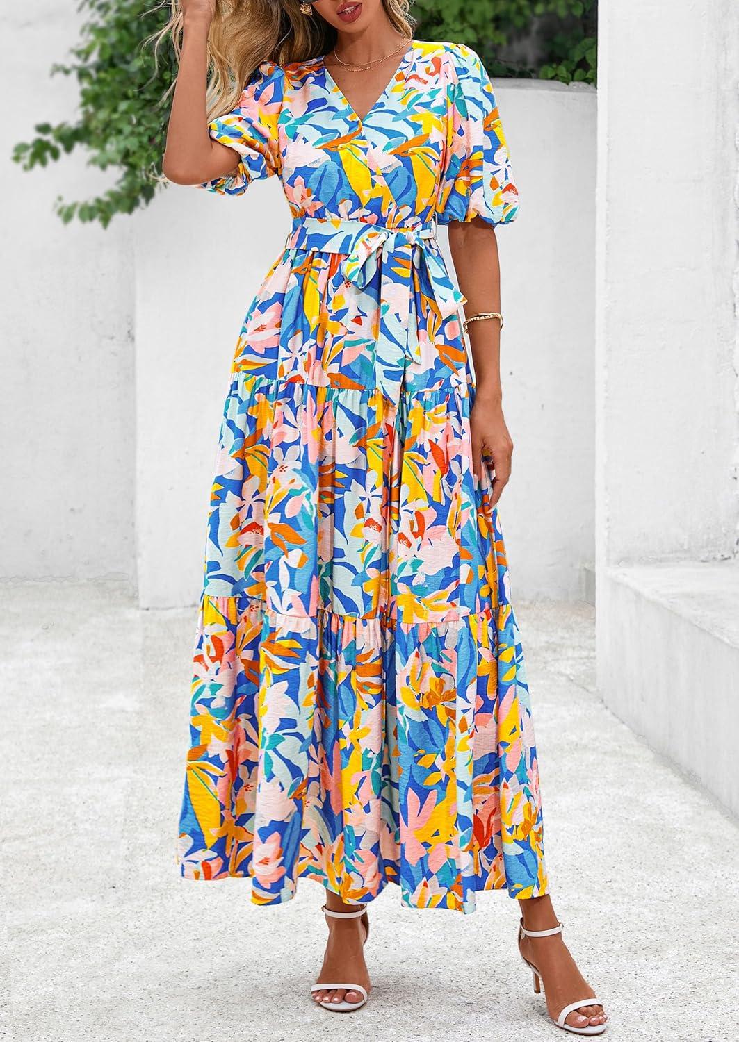 imagePRETTYGARDEN Womens Summer Maxi Dress 2026 Resort Wear Boho Floral V Neck Puff Short Sleeve Ruffle Flowy Beach Long DressesBlue Yellow Flower