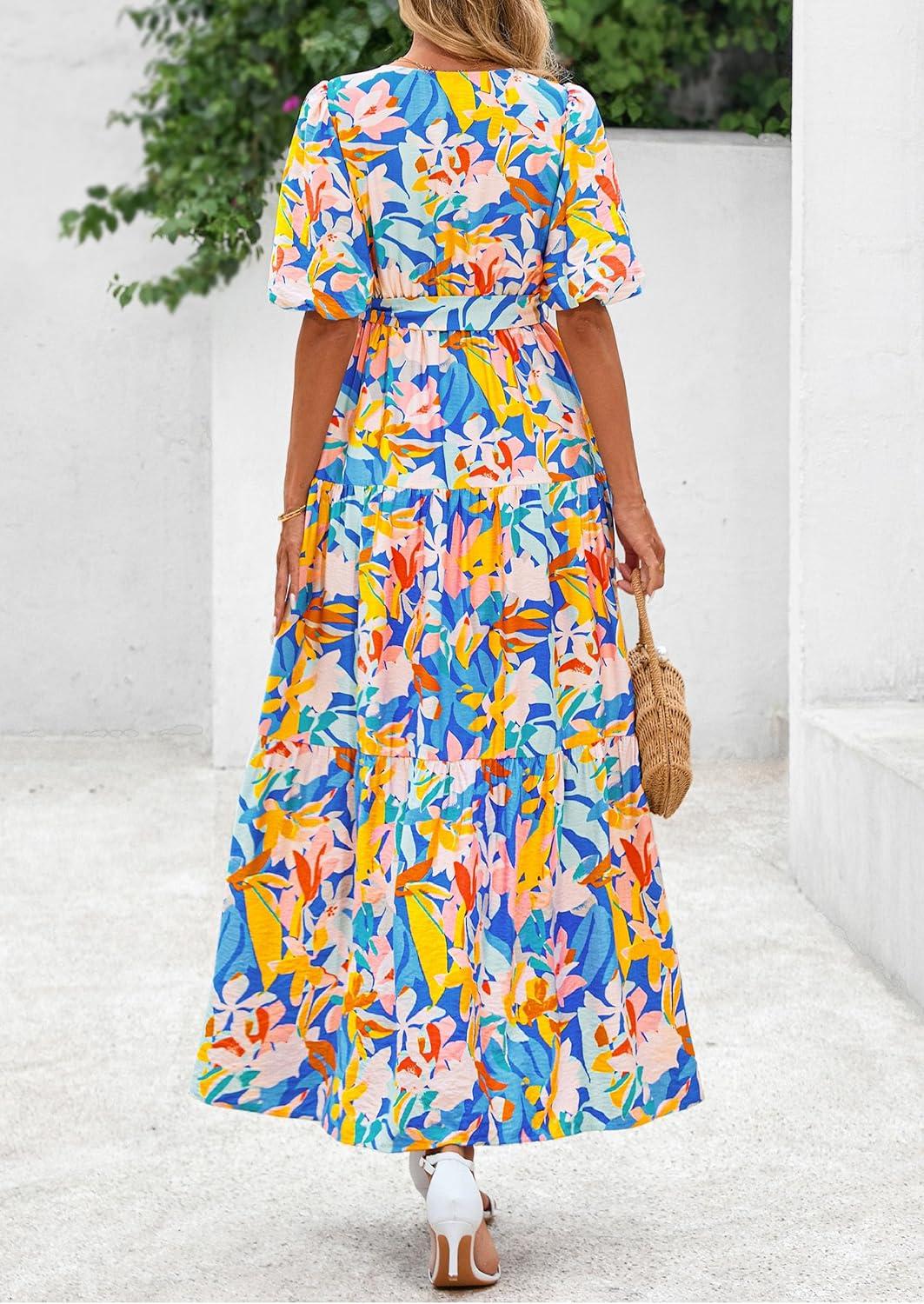 imagePRETTYGARDEN Womens Summer Maxi Dress 2026 Resort Wear Boho Floral V Neck Puff Short Sleeve Ruffle Flowy Beach Long DressesBlue Yellow Flower