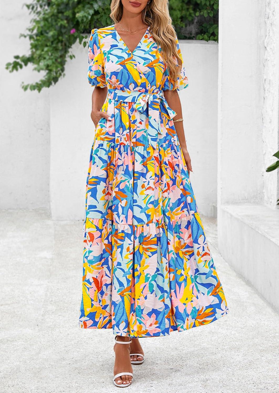 imagePRETTYGARDEN Womens Summer Maxi Dress 2026 Resort Wear Boho Floral V Neck Puff Short Sleeve Ruffle Flowy Beach Long DressesBlue Yellow Flower
