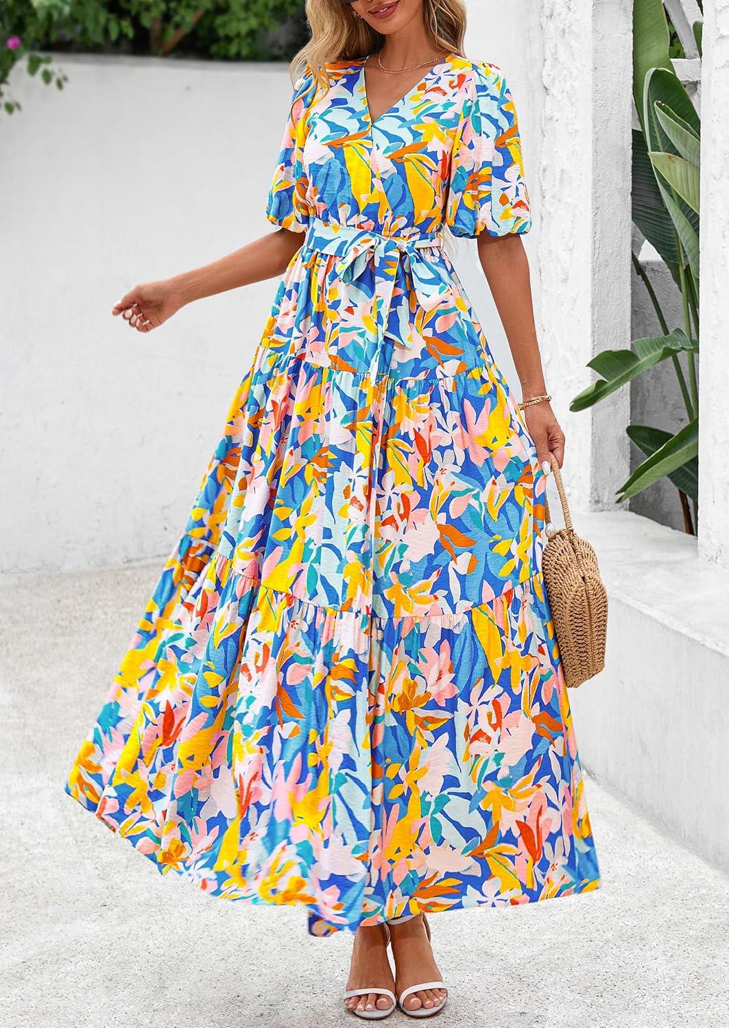 imagePRETTYGARDEN Womens Summer Maxi Dress 2026 Resort Wear Boho Floral V Neck Puff Short Sleeve Ruffle Flowy Beach Long DressesBlue Yellow Flower