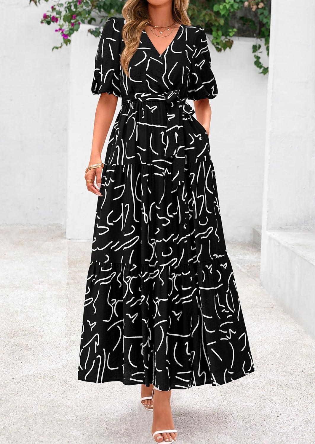 imagePRETTYGARDEN Womens Summer Maxi Dress 2026 Resort Wear Boho Floral V Neck Puff Short Sleeve Ruffle Flowy Beach Long DressesFloral Black
