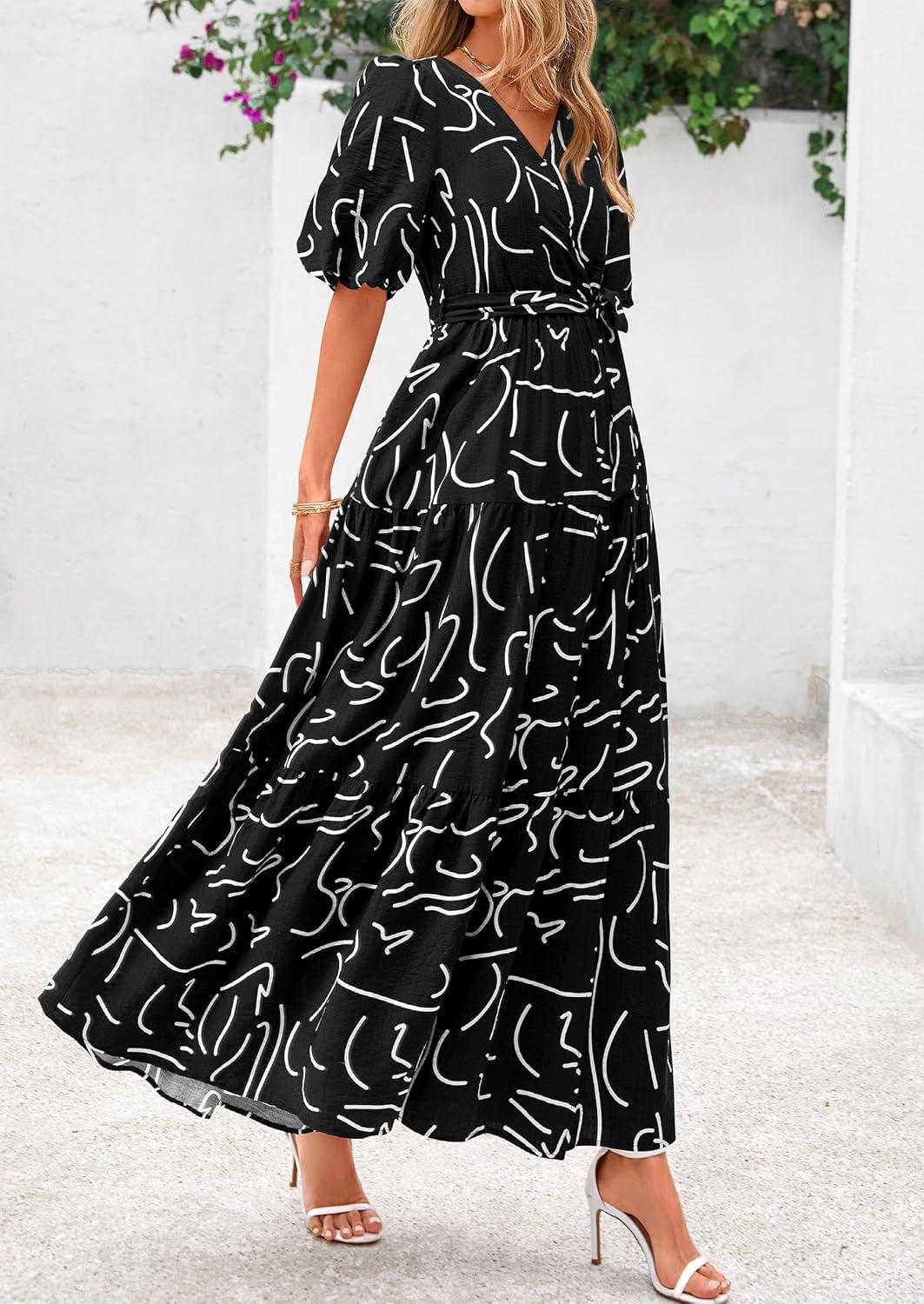 imagePRETTYGARDEN Womens Summer Maxi Dress 2026 Resort Wear Boho Floral V Neck Puff Short Sleeve Ruffle Flowy Beach Long DressesFloral Black