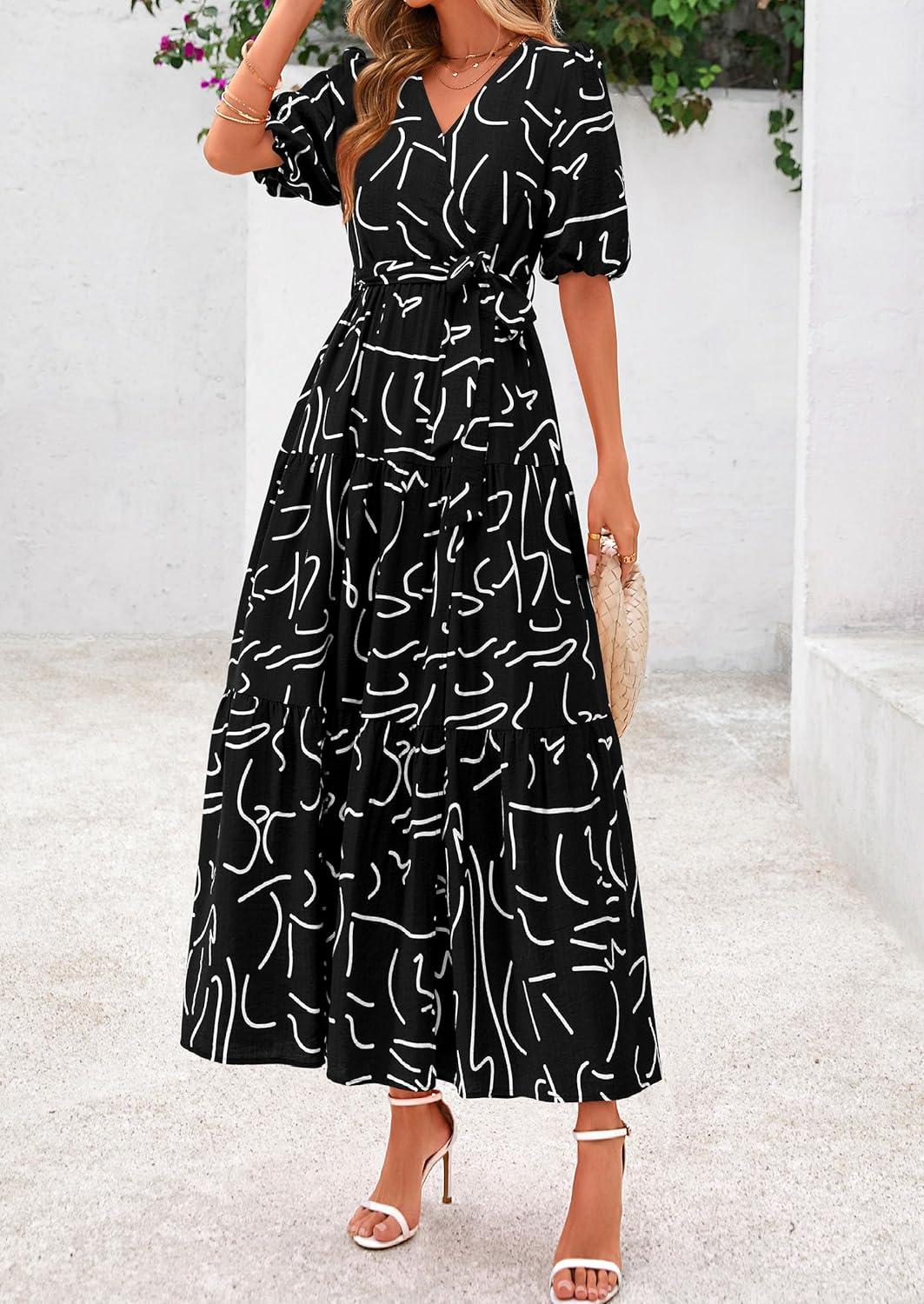 imagePRETTYGARDEN Womens Summer Maxi Dress 2026 Resort Wear Boho Floral V Neck Puff Short Sleeve Ruffle Flowy Beach Long DressesFloral Black