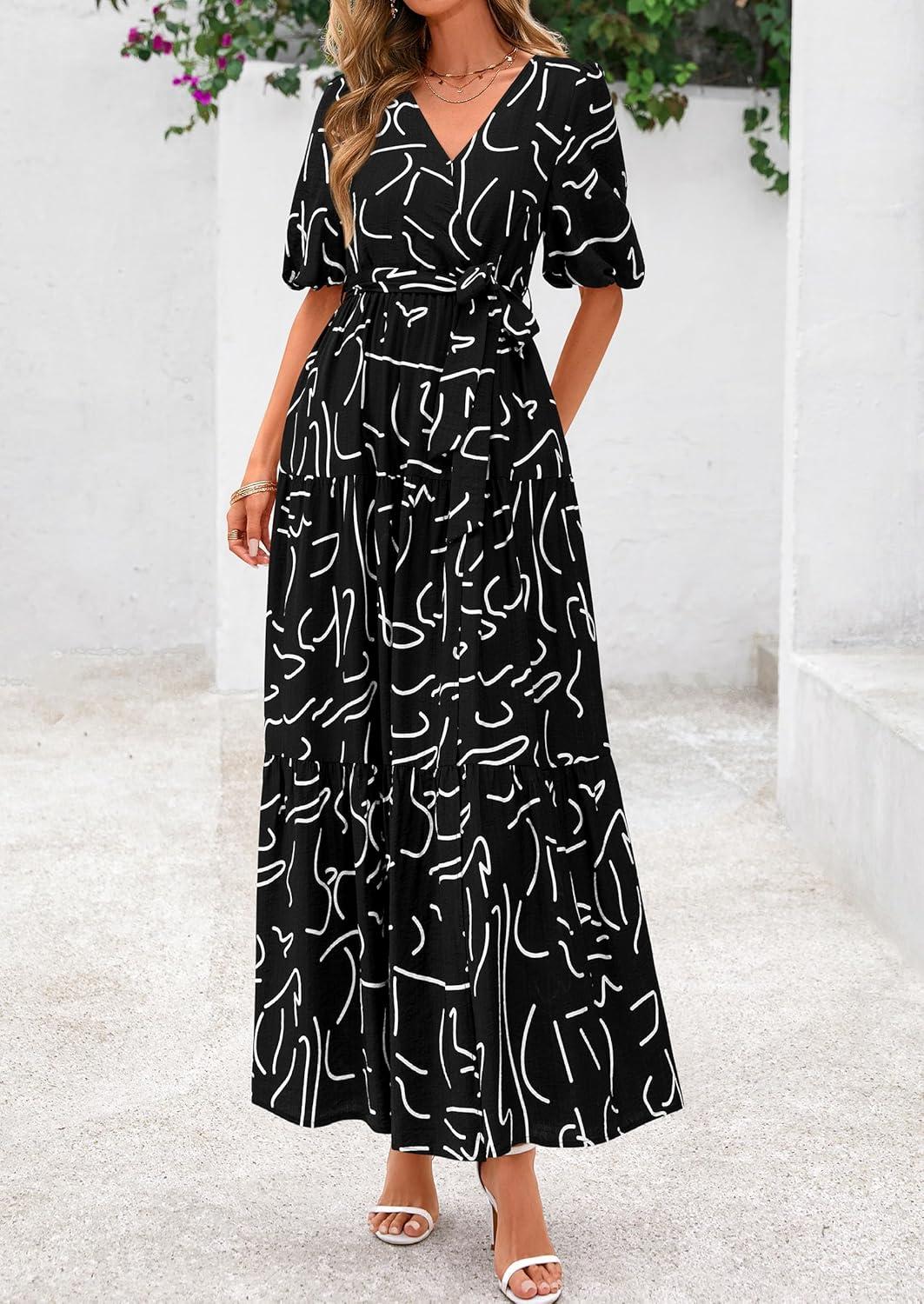 imagePRETTYGARDEN Womens Summer Maxi Dress 2026 Resort Wear Boho Floral V Neck Puff Short Sleeve Ruffle Flowy Beach Long DressesFloral Black