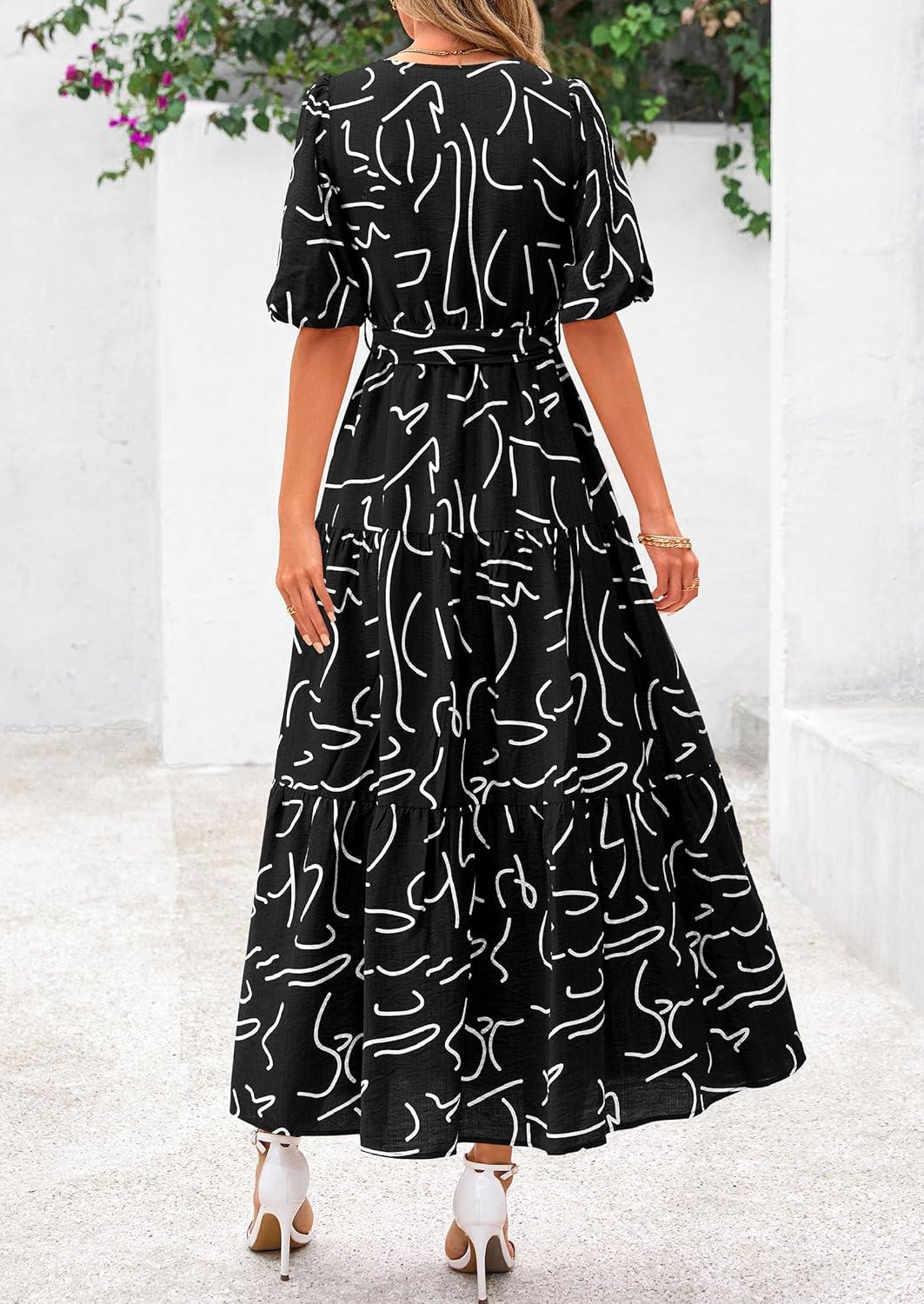 imagePRETTYGARDEN Womens Summer Maxi Dress 2026 Resort Wear Boho Floral V Neck Puff Short Sleeve Ruffle Flowy Beach Long DressesFloral Black