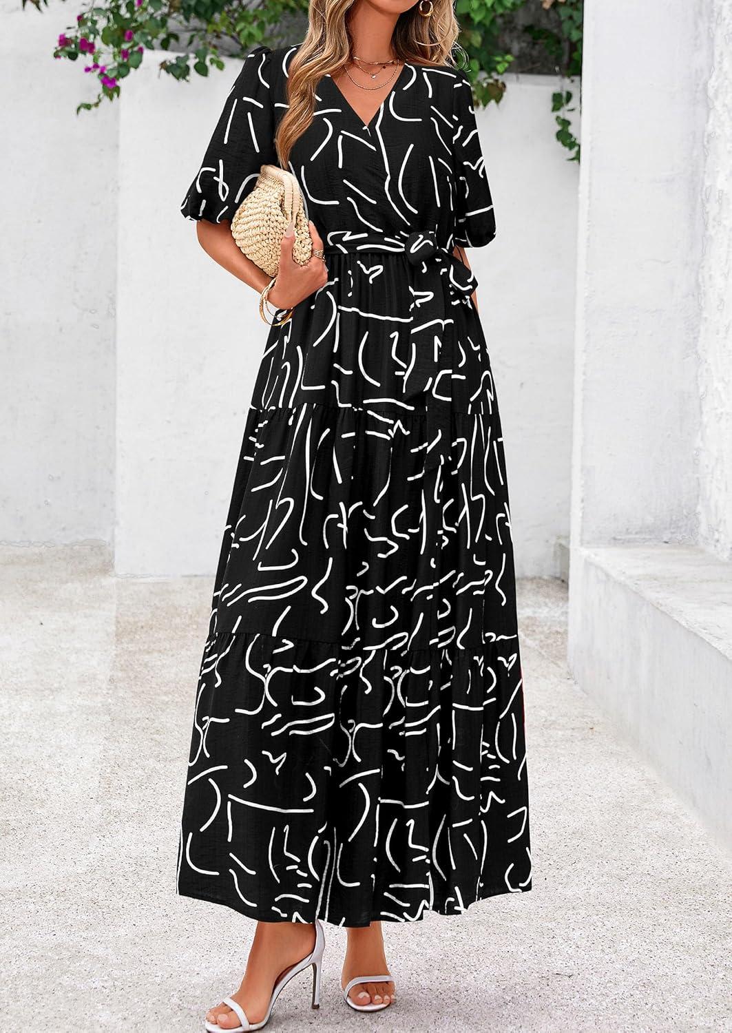 imagePRETTYGARDEN Womens Summer Maxi Dress 2026 Resort Wear Boho Floral V Neck Puff Short Sleeve Ruffle Flowy Beach Long DressesFloral Black