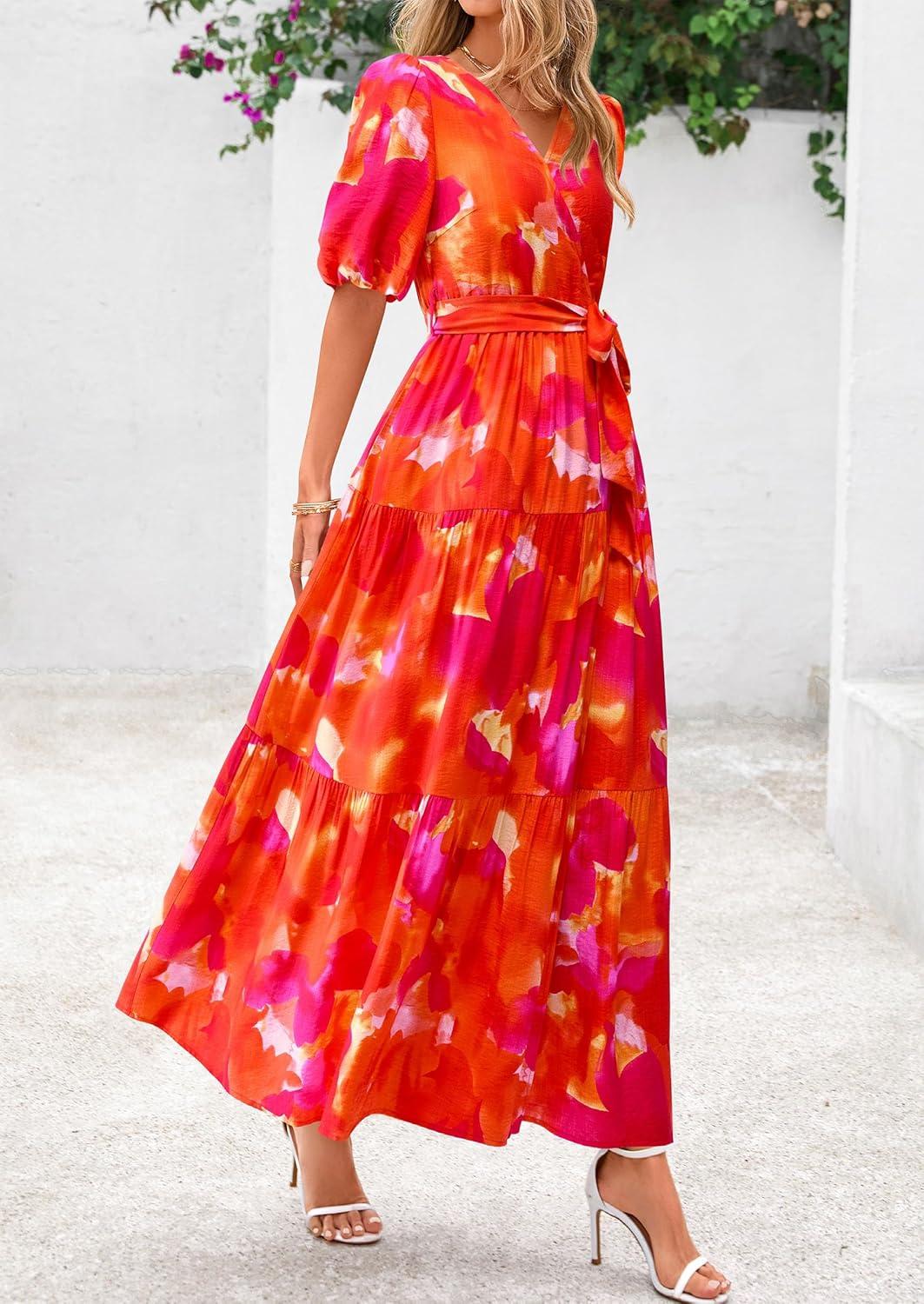 imagePRETTYGARDEN Womens Summer Maxi Dress 2026 Resort Wear Boho Floral V Neck Puff Short Sleeve Ruffle Flowy Beach Long DressesFloral Orange