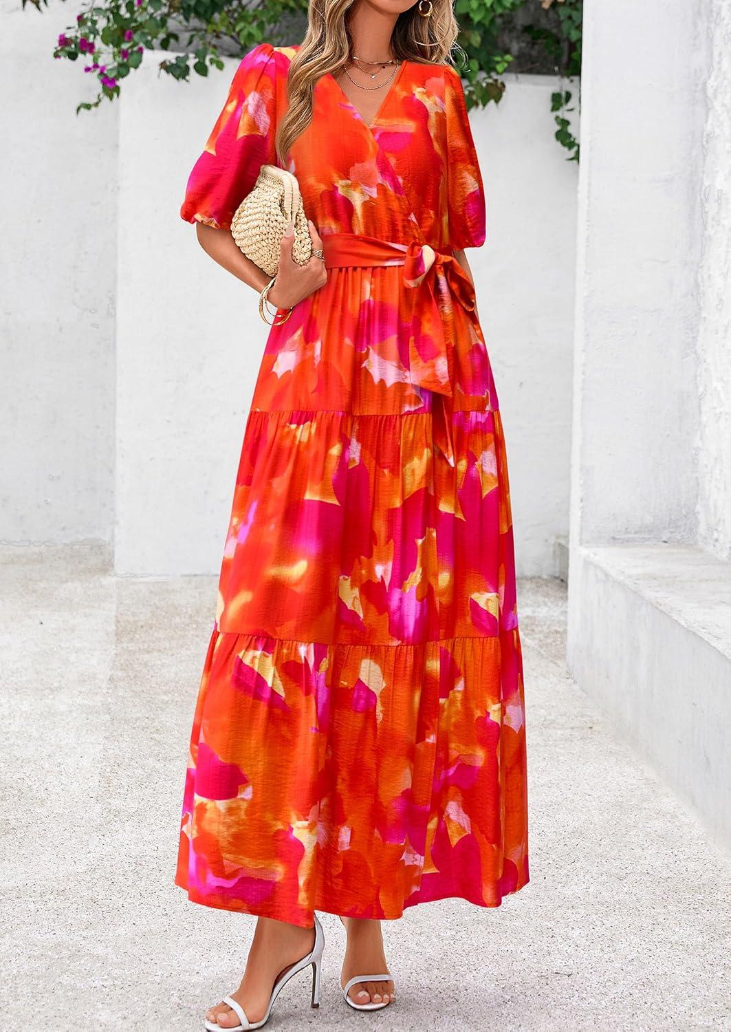 imagePRETTYGARDEN Womens Summer Maxi Dress 2026 Resort Wear Boho Floral V Neck Puff Short Sleeve Ruffle Flowy Beach Long DressesFloral Orange