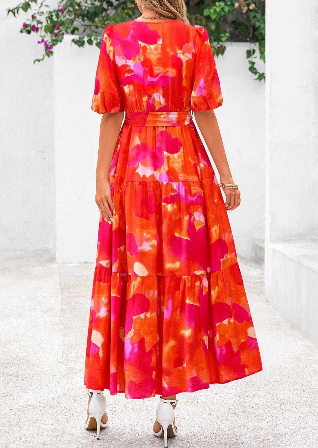 imagePRETTYGARDEN Womens Summer Maxi Dress 2026 Resort Wear Boho Floral V Neck Puff Short Sleeve Ruffle Flowy Beach Long DressesFloral Orange