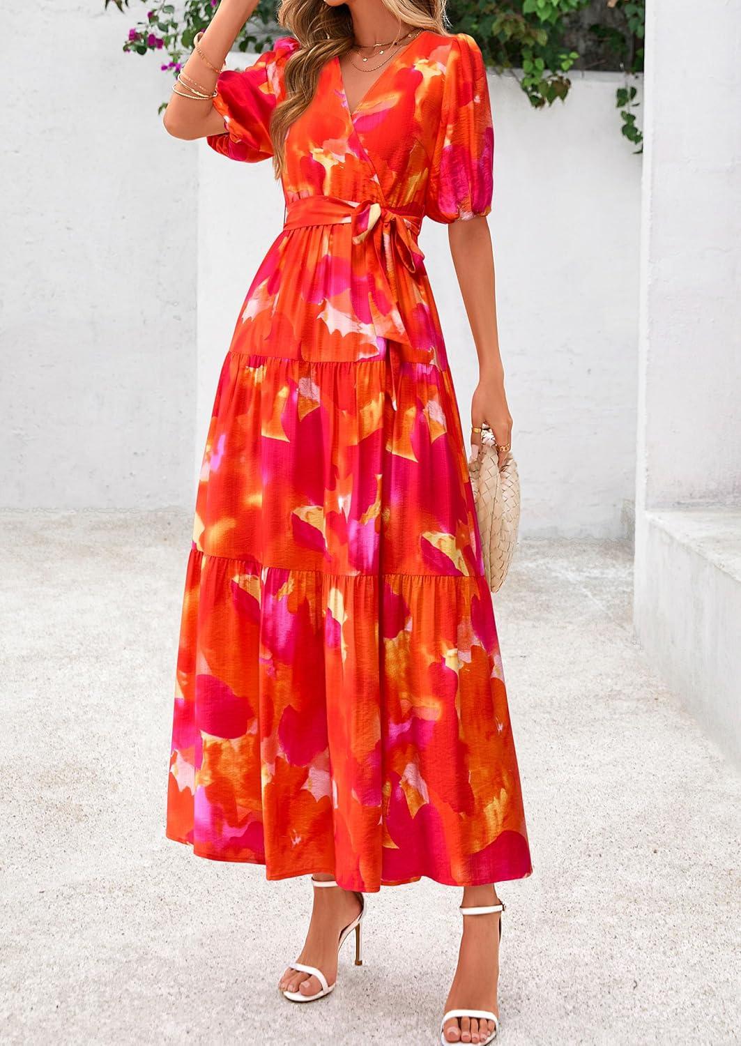 imagePRETTYGARDEN Womens Summer Maxi Dress 2026 Resort Wear Boho Floral V Neck Puff Short Sleeve Ruffle Flowy Beach Long DressesFloral Orange