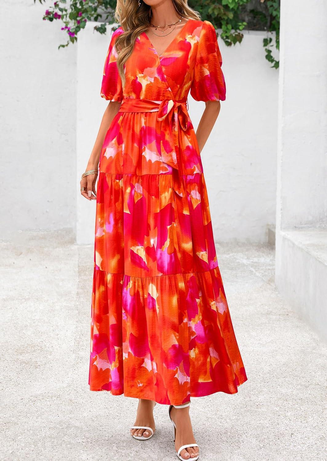 imagePRETTYGARDEN Womens Summer Maxi Dress 2026 Resort Wear Boho Floral V Neck Puff Short Sleeve Ruffle Flowy Beach Long DressesFloral Orange
