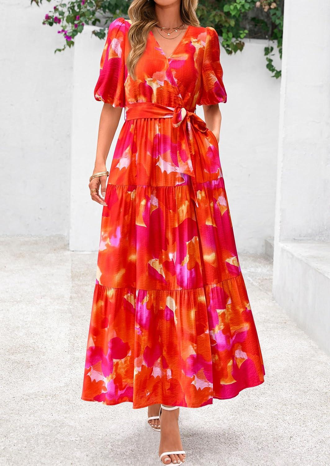 imagePRETTYGARDEN Womens Summer Maxi Dress 2026 Resort Wear Boho Floral V Neck Puff Short Sleeve Ruffle Flowy Beach Long DressesFloral Orange