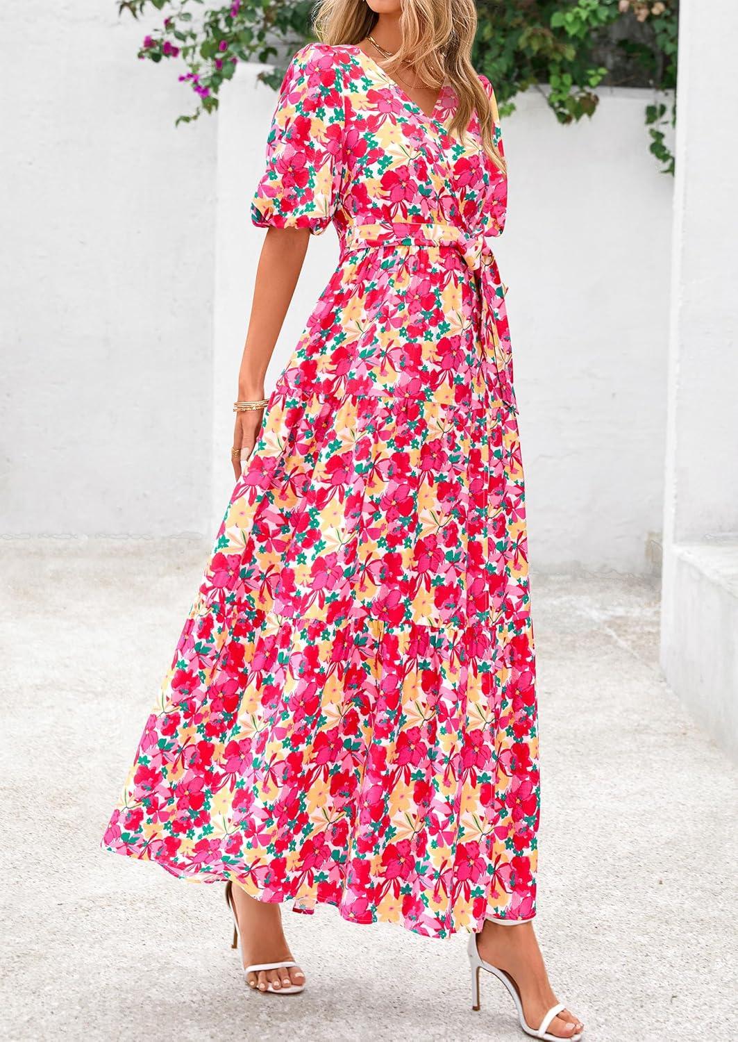 imagePRETTYGARDEN Womens Summer Maxi Dress 2026 Resort Wear Boho Floral V Neck Puff Short Sleeve Ruffle Flowy Beach Long DressesFloral Pink Yellow