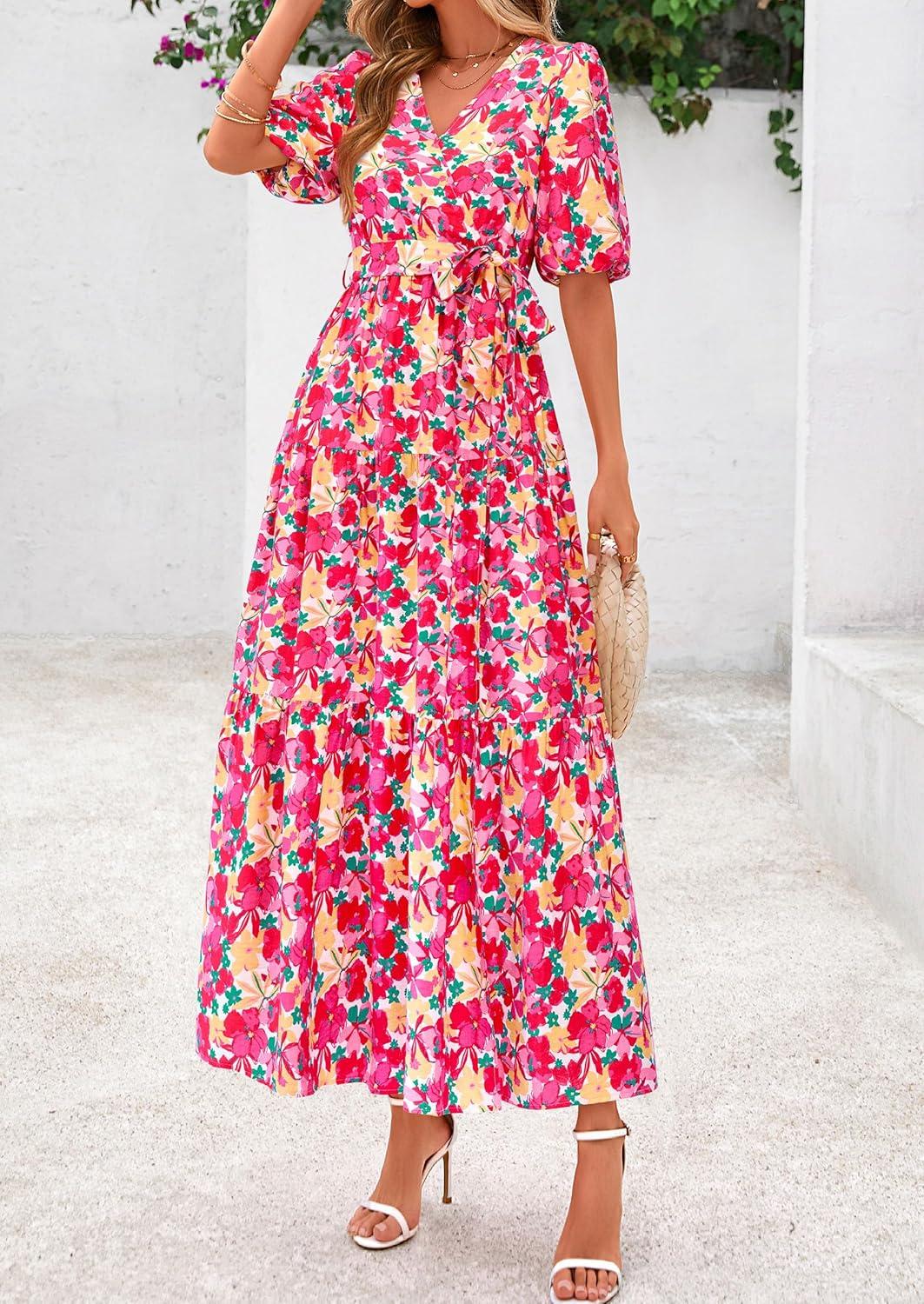 imagePRETTYGARDEN Womens Summer Maxi Dress 2026 Resort Wear Boho Floral V Neck Puff Short Sleeve Ruffle Flowy Beach Long DressesFloral Pink Yellow