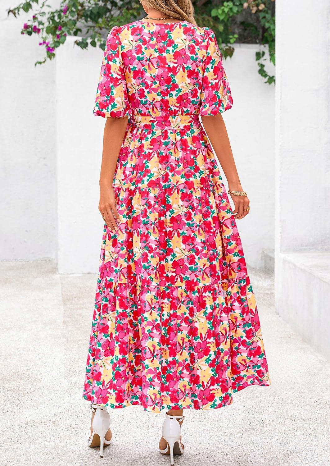 imagePRETTYGARDEN Womens Summer Maxi Dress 2026 Resort Wear Boho Floral V Neck Puff Short Sleeve Ruffle Flowy Beach Long DressesFloral Pink Yellow