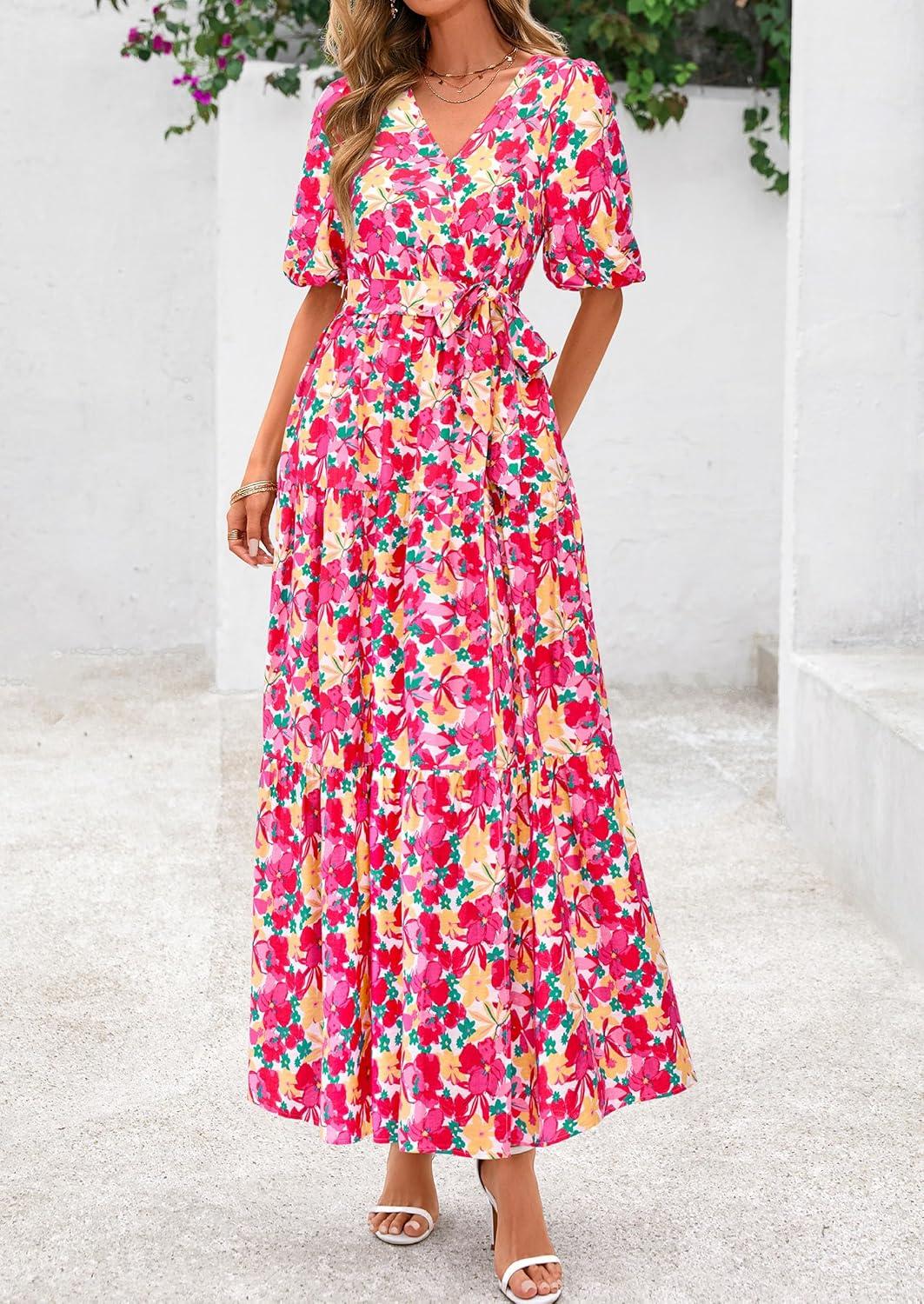 imagePRETTYGARDEN Womens Summer Maxi Dress 2026 Resort Wear Boho Floral V Neck Puff Short Sleeve Ruffle Flowy Beach Long DressesFloral Pink Yellow