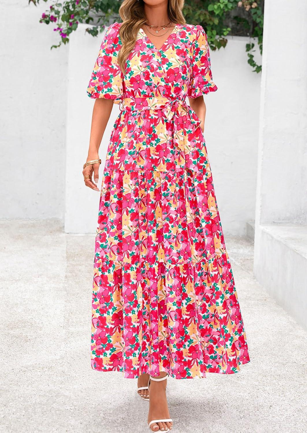 imagePRETTYGARDEN Womens Summer Maxi Dress 2026 Resort Wear Boho Floral V Neck Puff Short Sleeve Ruffle Flowy Beach Long DressesFloral Pink Yellow