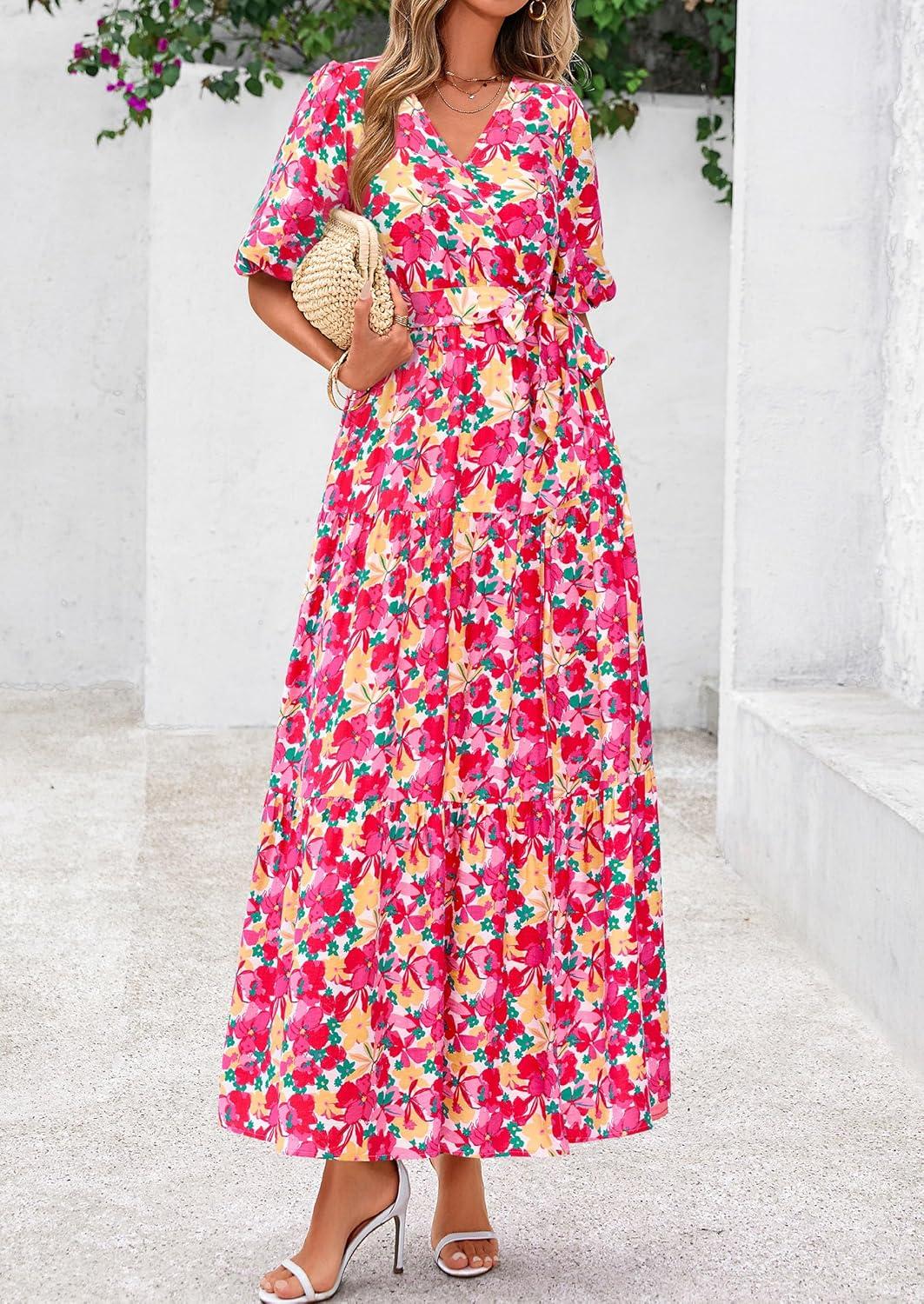 imagePRETTYGARDEN Womens Summer Maxi Dress 2026 Resort Wear Boho Floral V Neck Puff Short Sleeve Ruffle Flowy Beach Long DressesFloral Pink Yellow