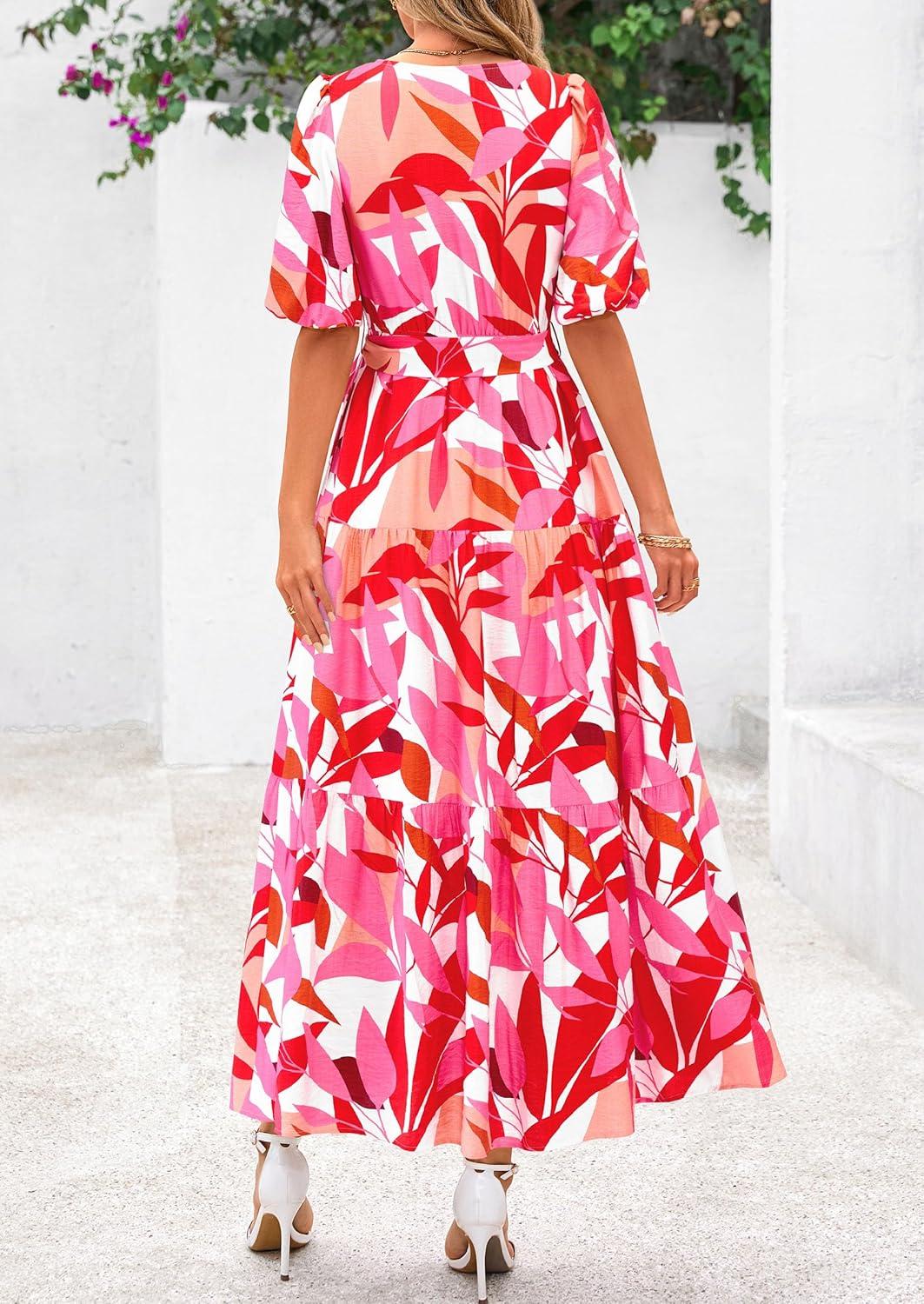 imagePRETTYGARDEN Womens Summer Maxi Dress 2026 Resort Wear Boho Floral V Neck Puff Short Sleeve Ruffle Flowy Beach Long DressesFloral White Rose Red