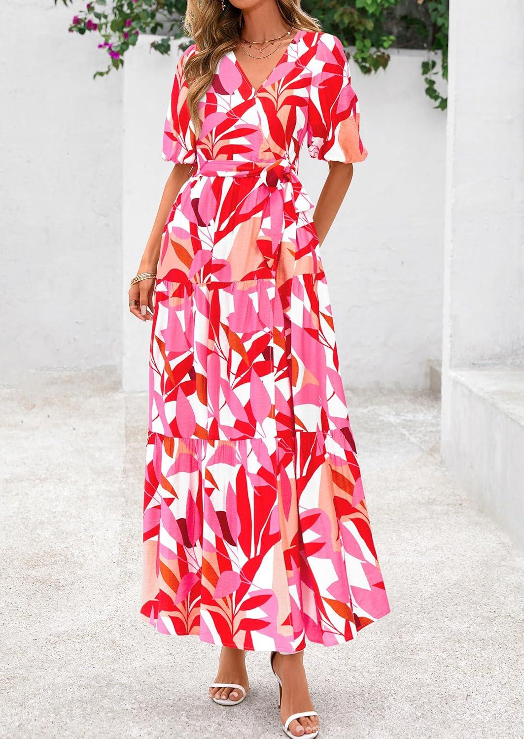 imagePRETTYGARDEN Womens Summer Maxi Dress 2026 Resort Wear Boho Floral V Neck Puff Short Sleeve Ruffle Flowy Beach Long DressesFloral White Rose Red