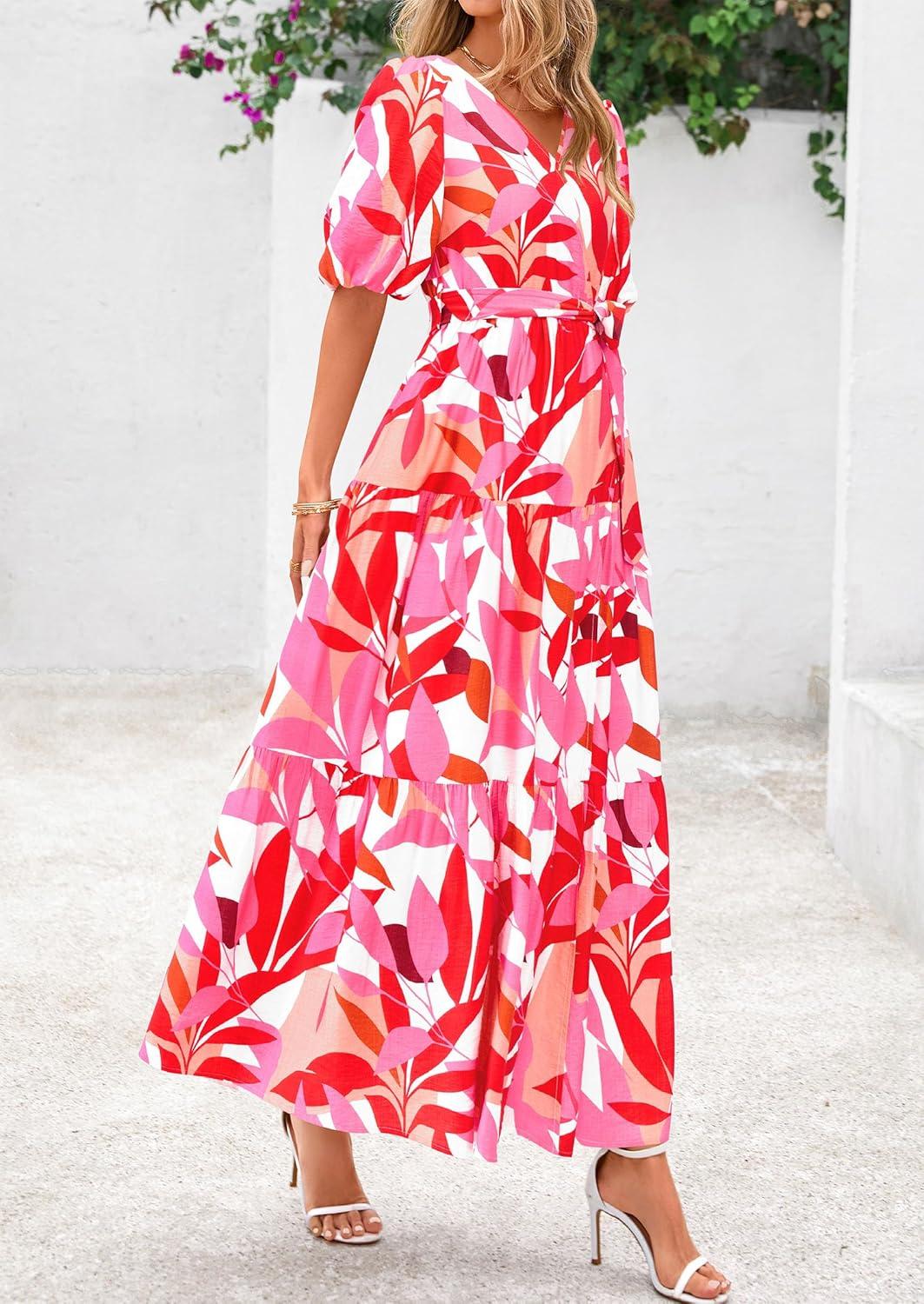 imagePRETTYGARDEN Womens Summer Maxi Dress 2026 Resort Wear Boho Floral V Neck Puff Short Sleeve Ruffle Flowy Beach Long DressesFloral White Rose Red