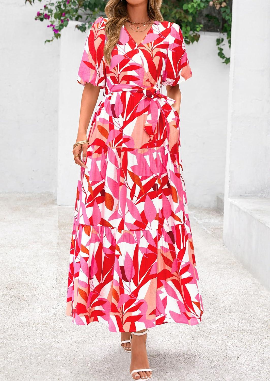 imagePRETTYGARDEN Womens Summer Maxi Dress 2026 Resort Wear Boho Floral V Neck Puff Short Sleeve Ruffle Flowy Beach Long DressesFloral White Rose Red
