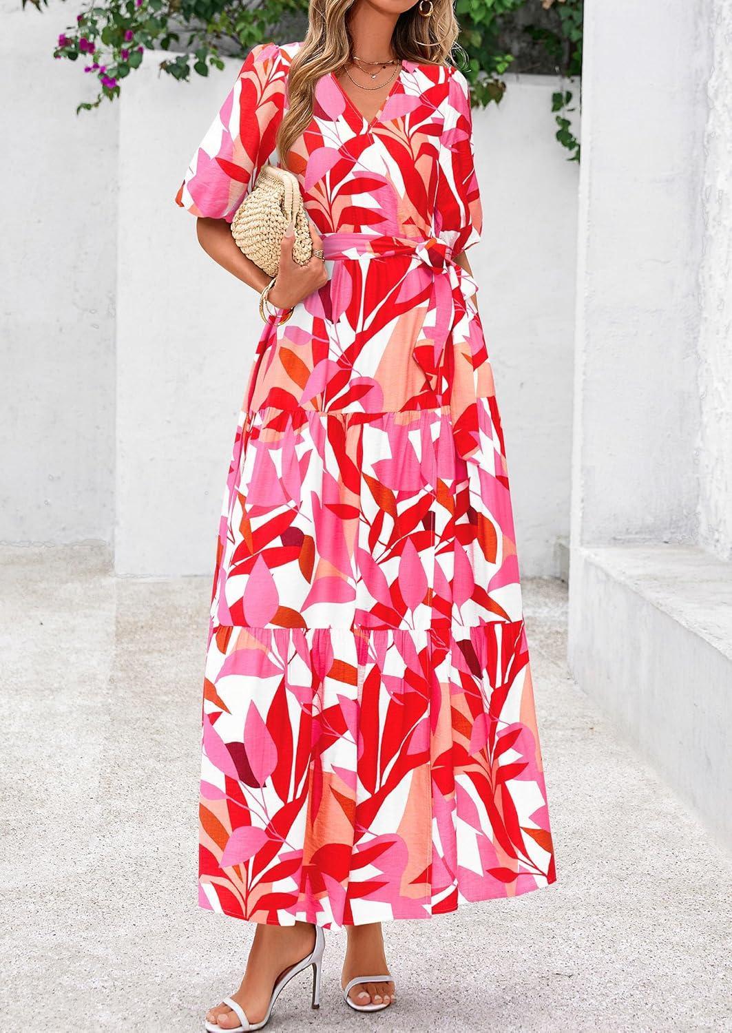 imagePRETTYGARDEN Womens Summer Maxi Dress 2026 Resort Wear Boho Floral V Neck Puff Short Sleeve Ruffle Flowy Beach Long DressesFloral White Rose Red