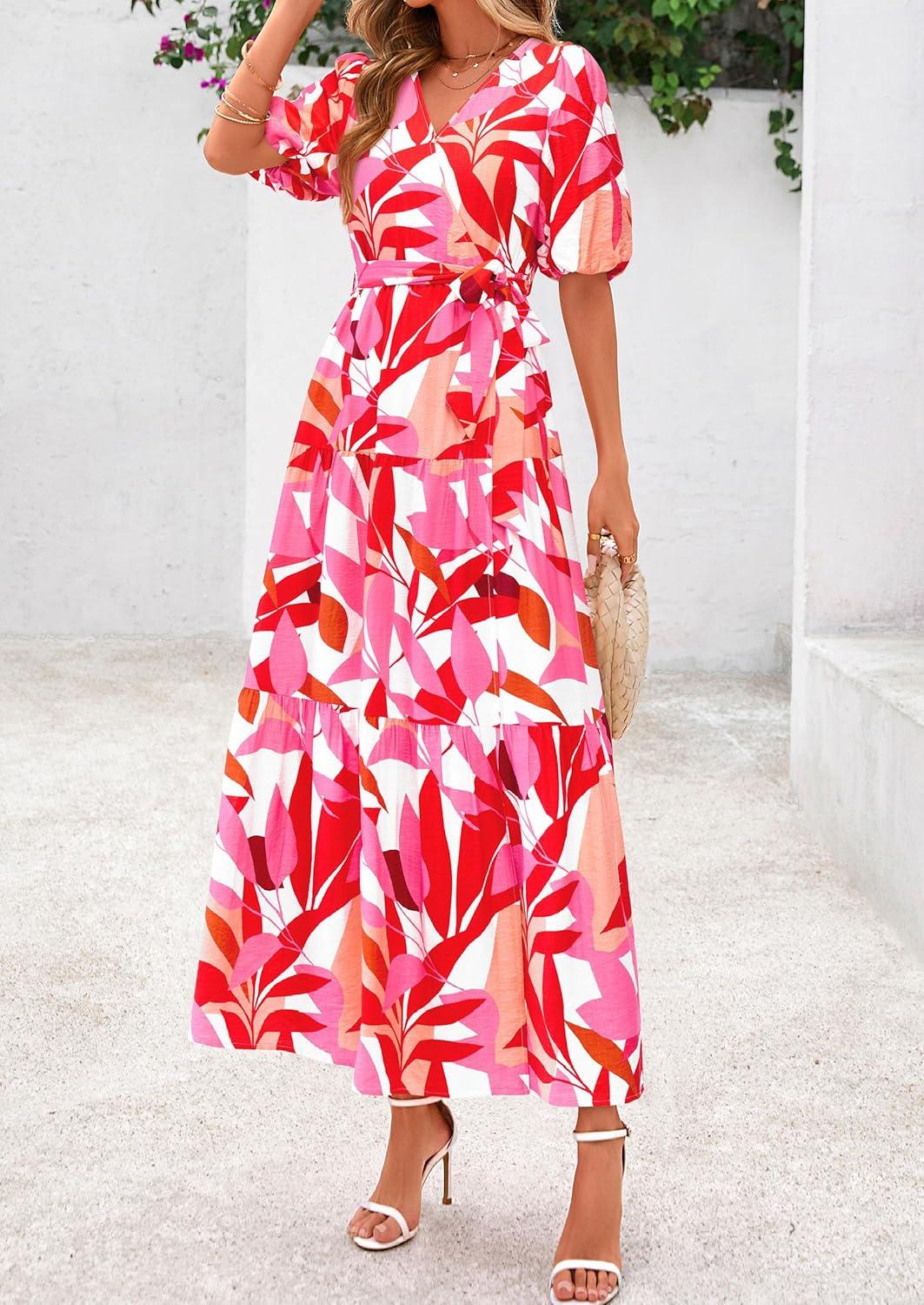 imagePRETTYGARDEN Womens Summer Maxi Dress 2026 Resort Wear Boho Floral V Neck Puff Short Sleeve Ruffle Flowy Beach Long DressesFloral White Rose Red