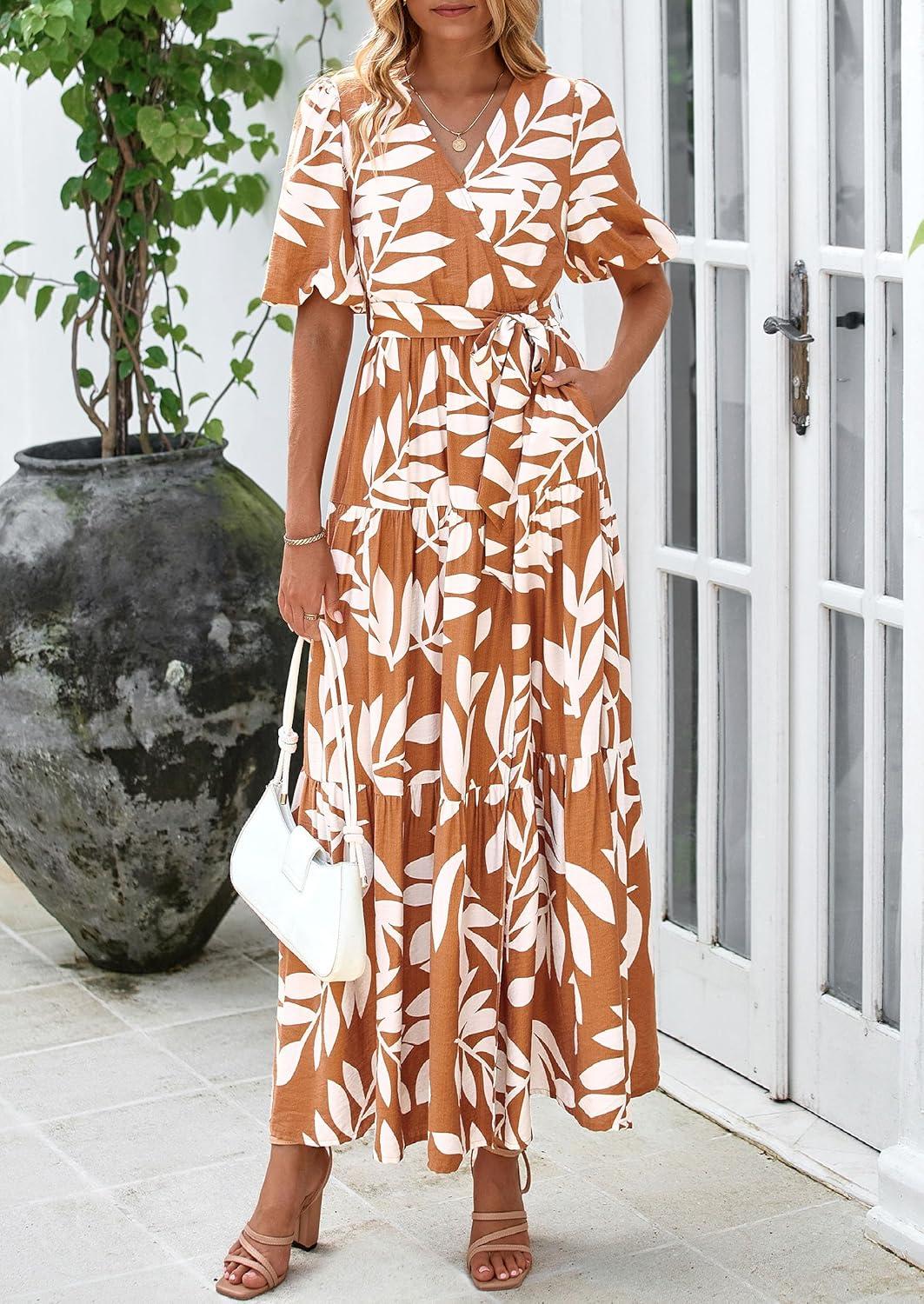 imagePRETTYGARDEN Womens Summer Maxi Dress 2026 Resort Wear Boho Floral V Neck Puff Short Sleeve Ruffle Flowy Beach Long DressesKhaki