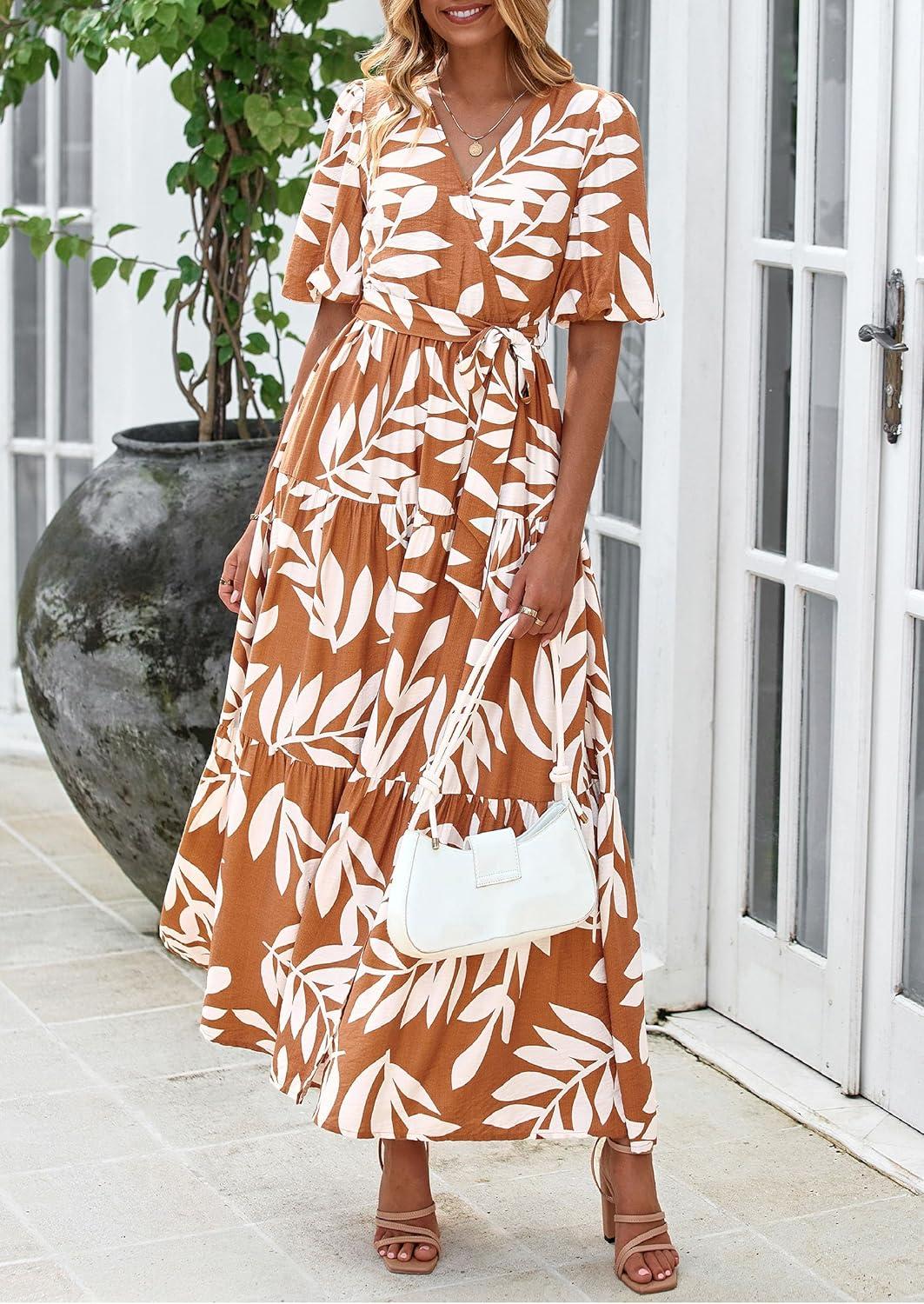 imagePRETTYGARDEN Womens Summer Maxi Dress 2026 Resort Wear Boho Floral V Neck Puff Short Sleeve Ruffle Flowy Beach Long DressesKhaki