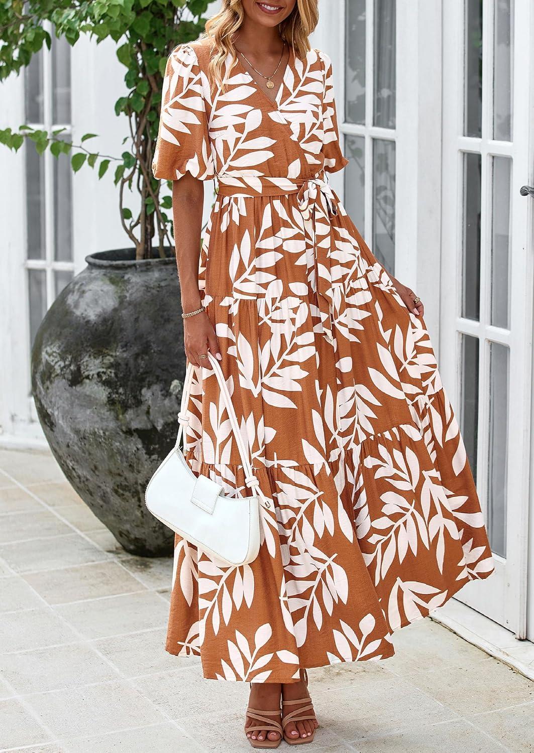 imagePRETTYGARDEN Womens Summer Maxi Dress 2026 Resort Wear Boho Floral V Neck Puff Short Sleeve Ruffle Flowy Beach Long DressesKhaki