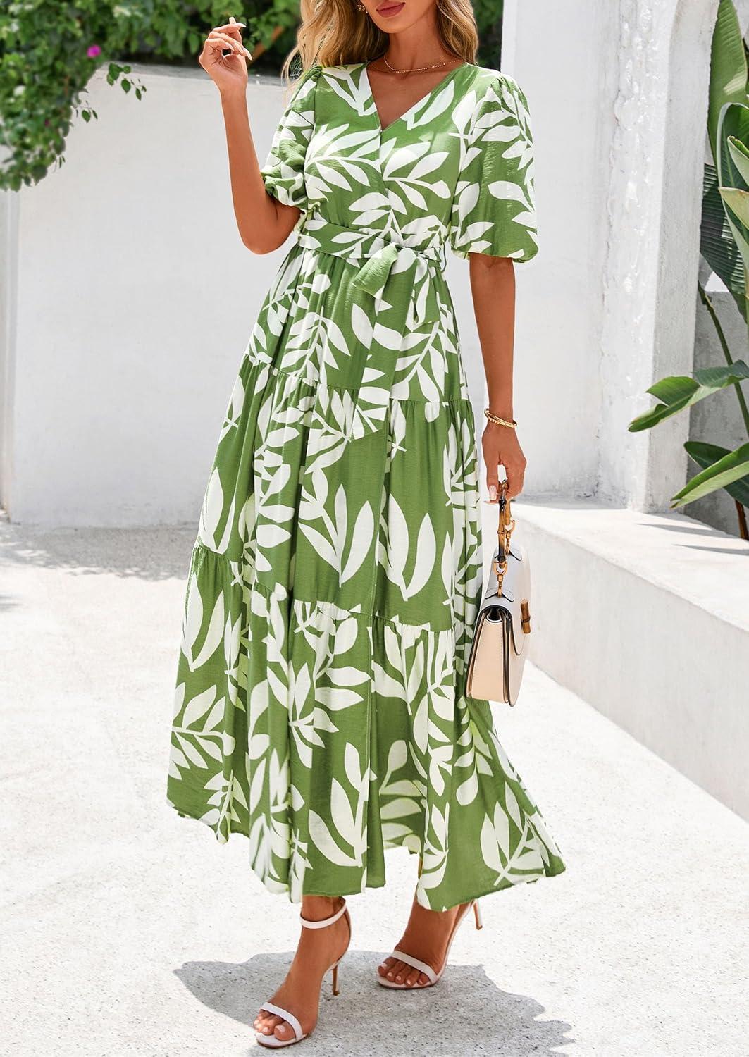 imagePRETTYGARDEN Womens Summer Maxi Dress 2026 Resort Wear Boho Floral V Neck Puff Short Sleeve Ruffle Flowy Beach Long DressesLeaves Light Green